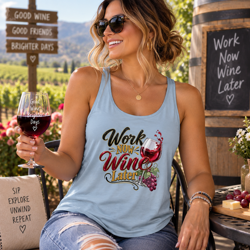 SatsandStripes.com Work Now, Wine Later Women’s Scoop Neck Tank Top – Funny Wine Lover Graphic Light Blue