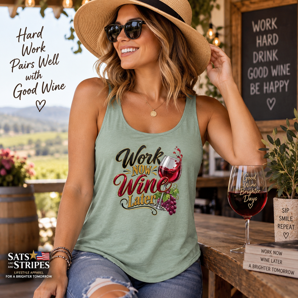 SatsandStripes.com Work Now, Wine Later Women’s Scoop Neck Tank Top – Funny Wine Lover Graphic Sage