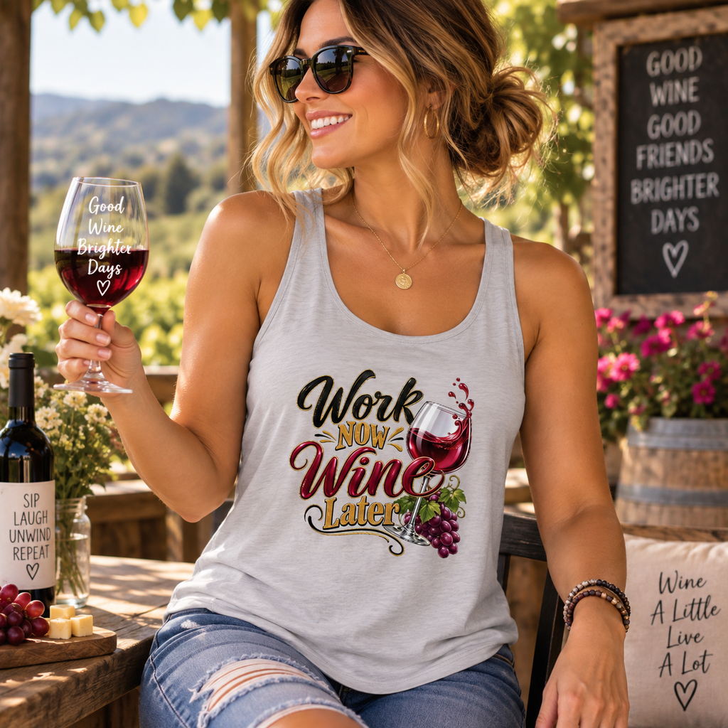 SatsandStripes.com Work Now, Wine Later Women’s Scoop Neck Tank Top – Funny Wine Lover Graphic Light Grey  