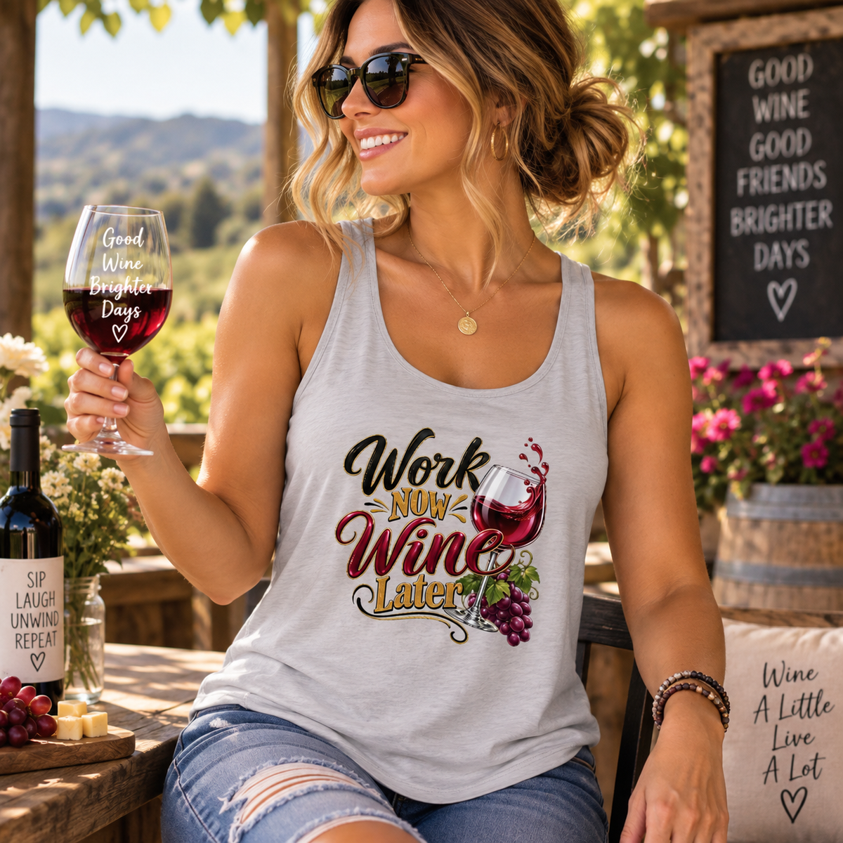 SatsandStripes.com Work Now, Wine Later Women’s Scoop Neck Tank Top – Funny Wine Lover Graphic Light Grey  
