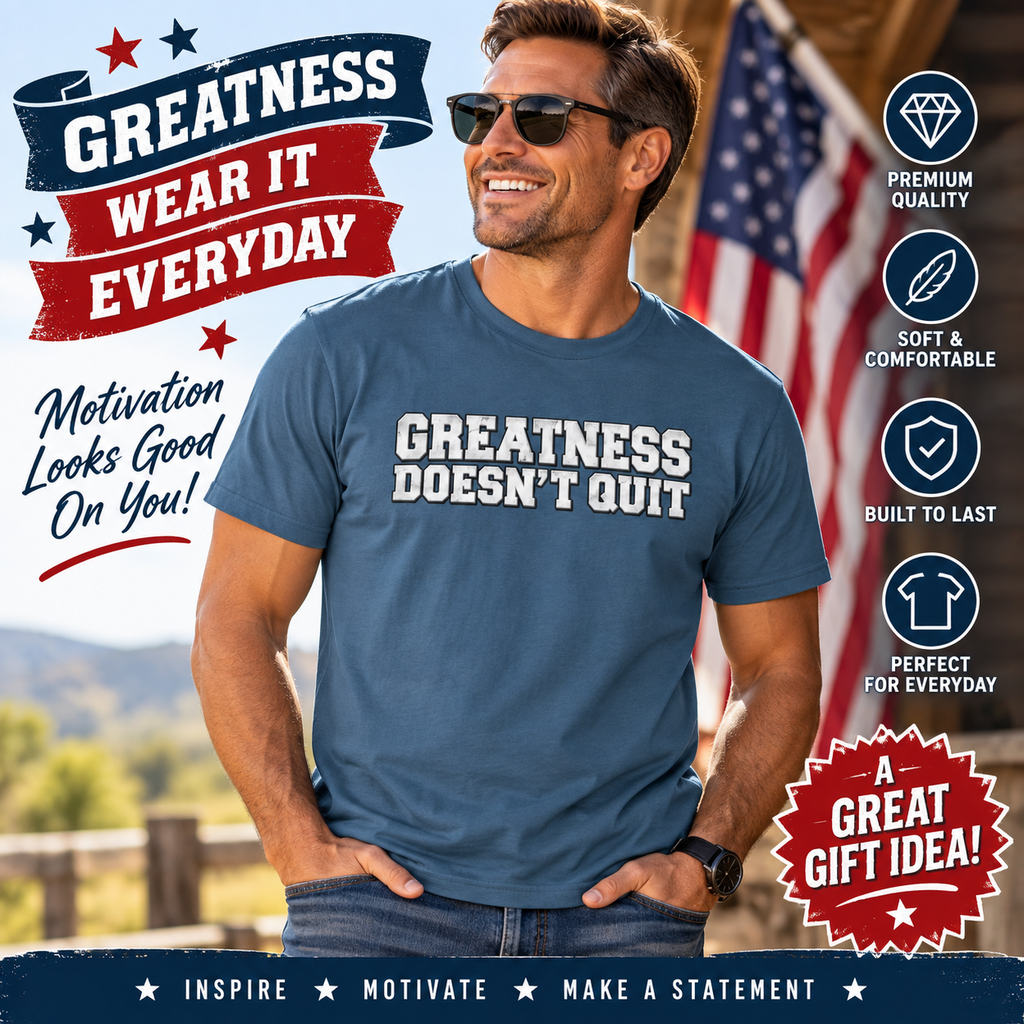 SatsandStripes.com Greatness Doesn’t Quit Softstyle® T-Shirt – Motivational Graphic Tee, Inspirational Shirt, Positive Mindset Gift for Men & Women 7 colors - 100% cotton