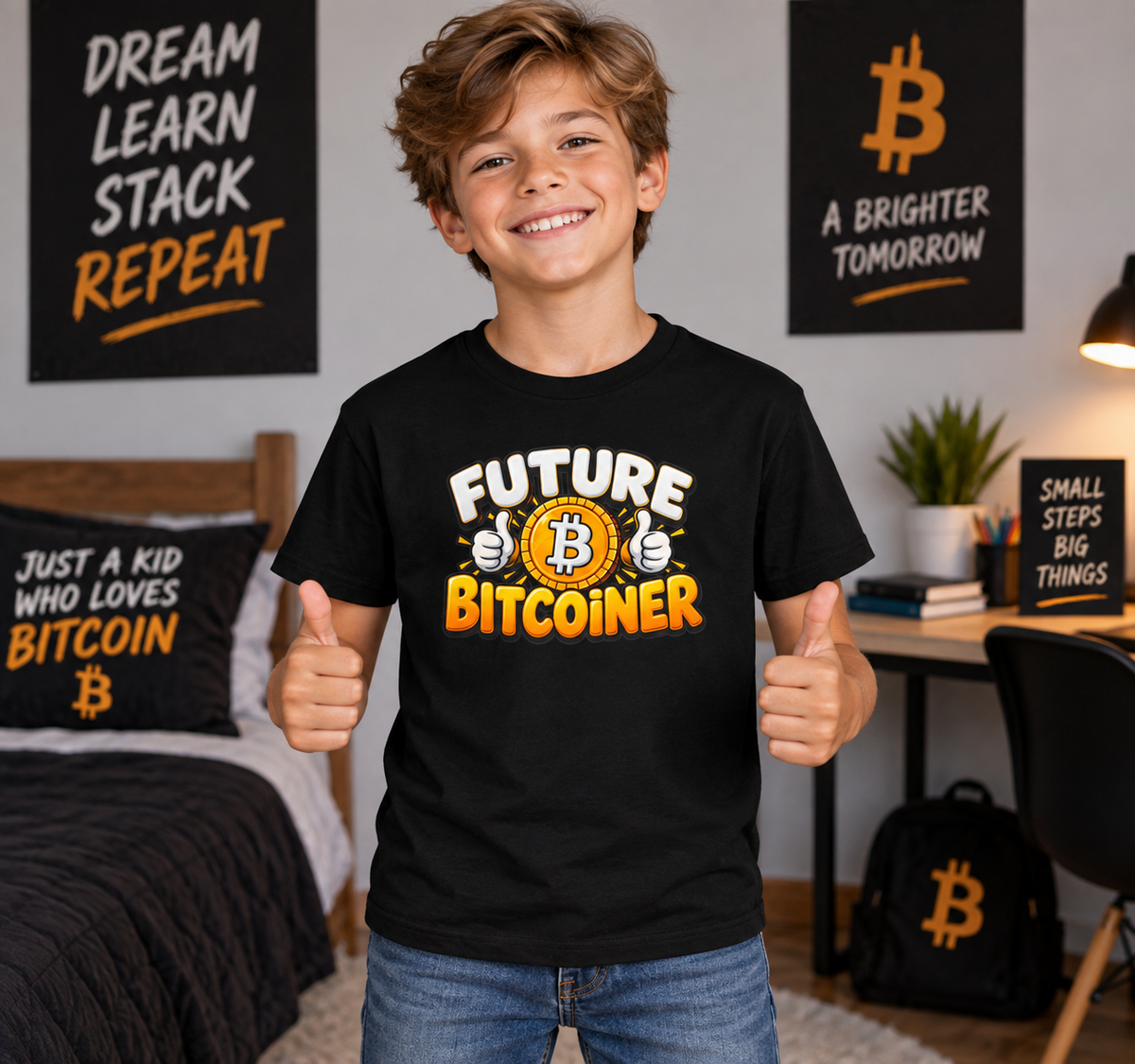 SatsandStripes.com Future Bitcoiner Youth T-Shirt – Kids Bitcoin Graphic Tee Black or Grey 