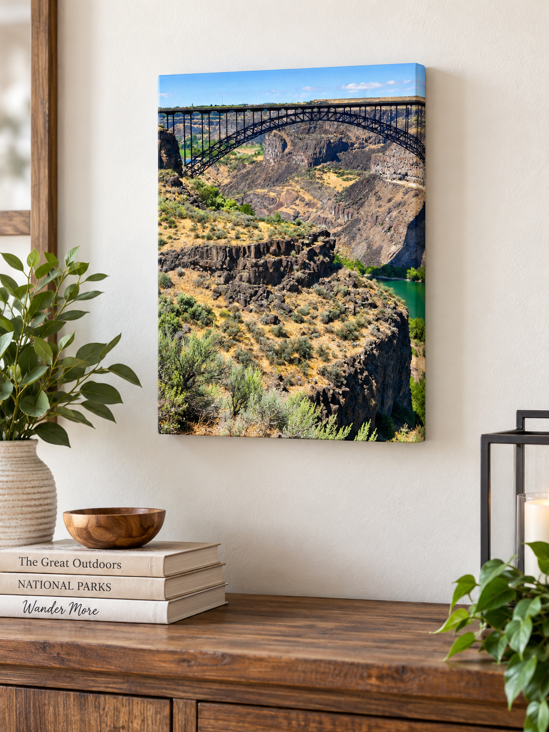 SatsandStripes.com Majestic Canyon Bridge 9 x 12 Canvas Wall Art – Scenic River Gorge Landscape | Rustic Nature & Travel Decor