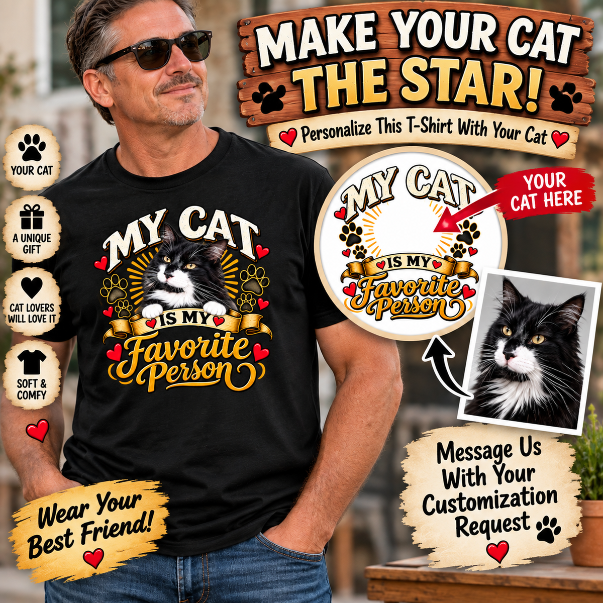 SatsandStripes.com My Cat Is My Favorite Person Personalized Softstyle® T-Shirt – Custom Pet Photo Cat Lover Shirt 6 colors - 100% cotton