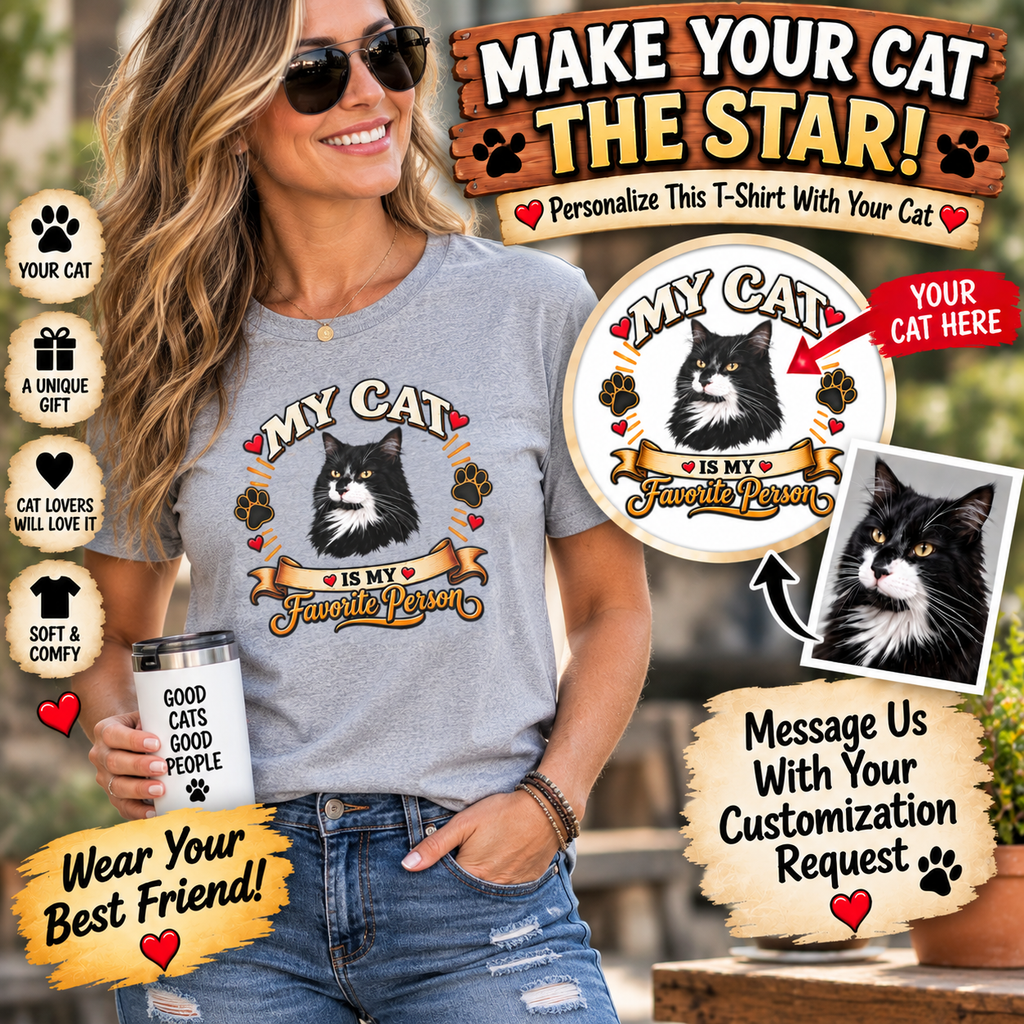 SatsandStripes.com My Cat Is My Favorite Person Personalized Softstyle® T-Shirt – Custom Pet Photo Cat Lover Shirt Version 2 6 colors - 100% cotton