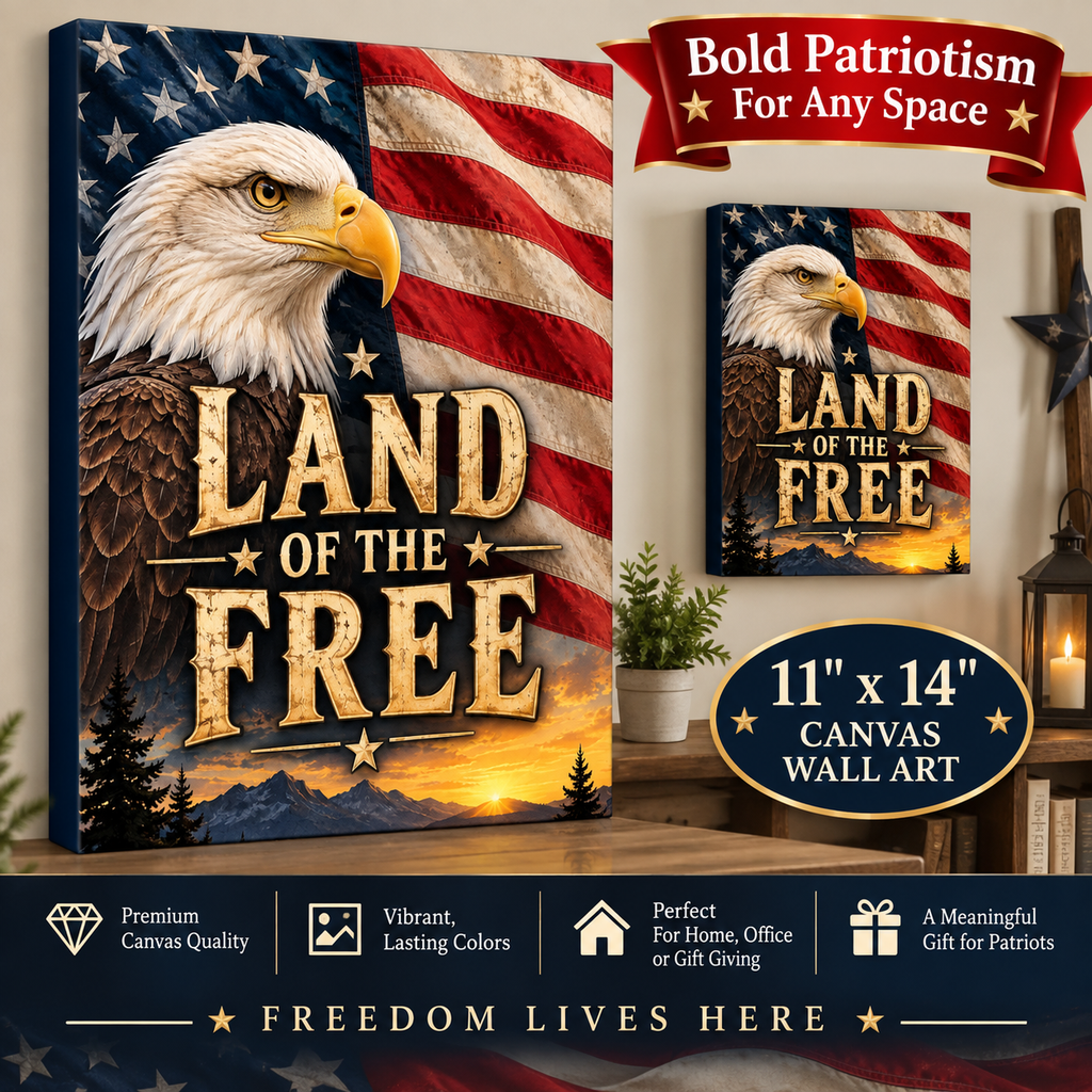Satsandtripes.com Land of the Free Eagle Canvas 11 x 14 Wall Art –  Rustic American Flag Patriotic Home Decor