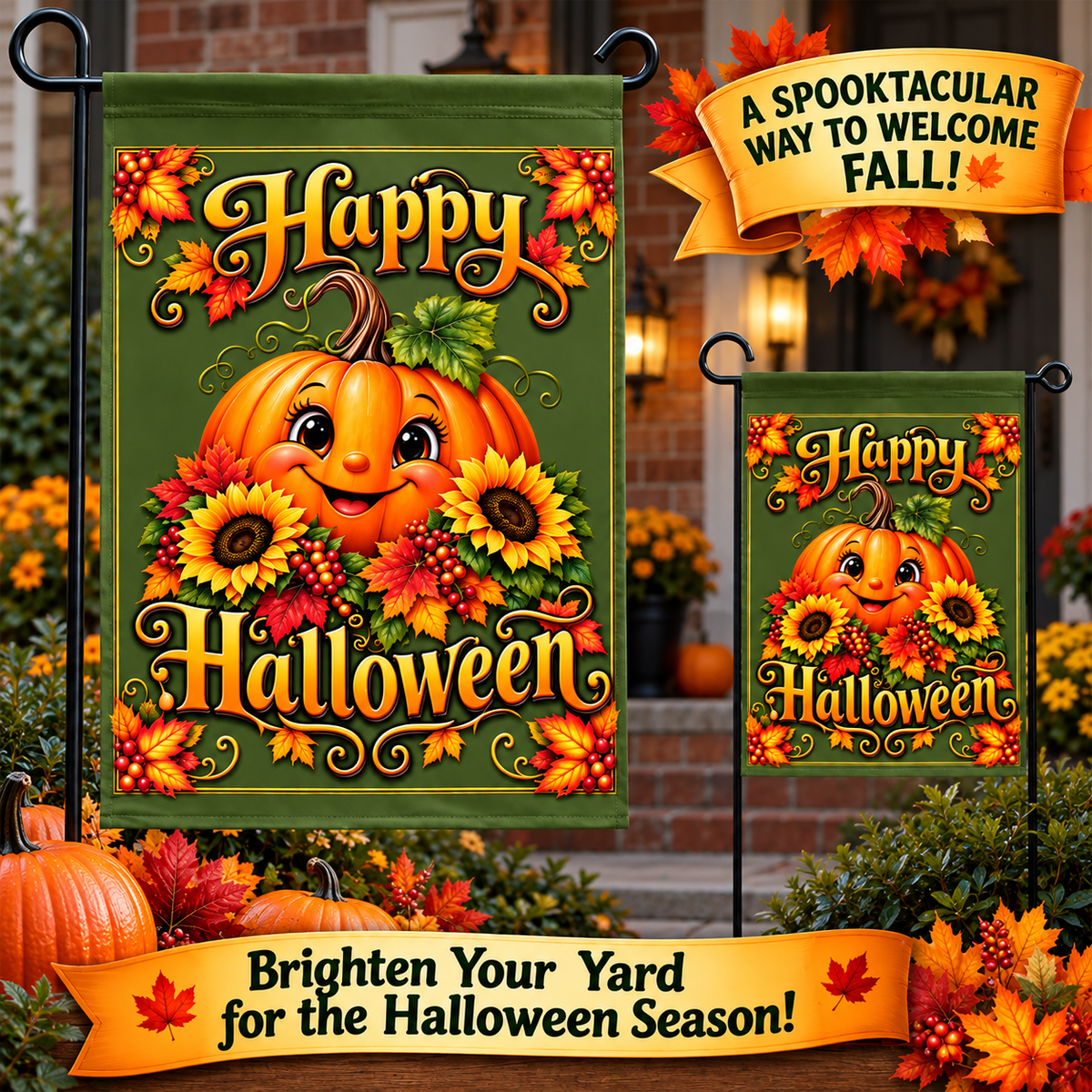 SatsandStripes.com Happy Halloween Pumpkin Double-Sided Garden Flag 12 x 18 Fall Sunflower Yard Décor Flag