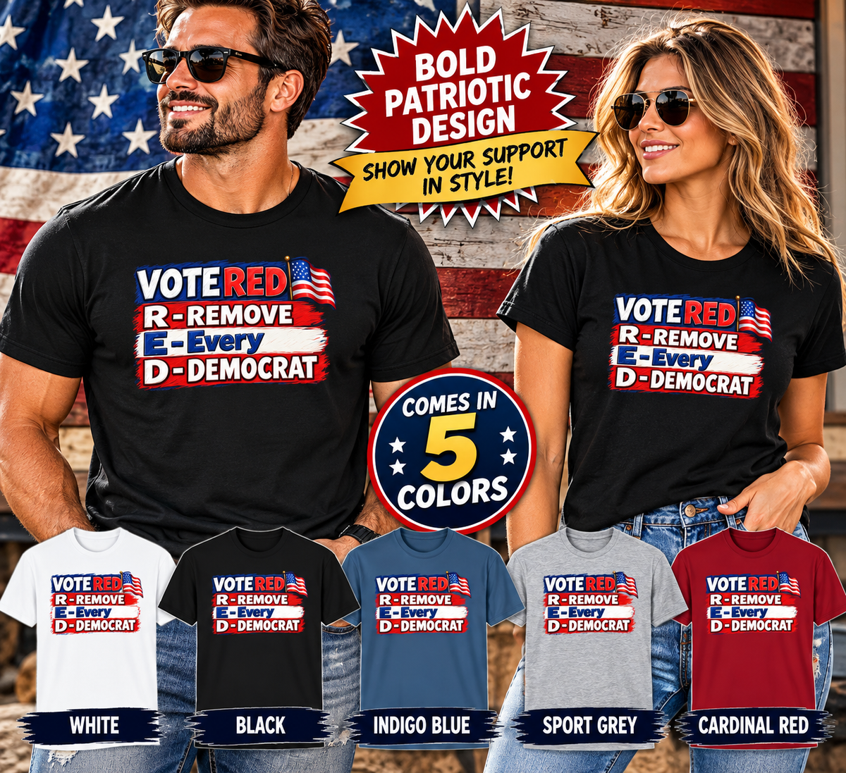 SatsandStripes.com Vote Red R.E.D. Political Graphic Softstyle® T-Shirt – Patriotic Red White & Blue Statement Tee 5 colors - 100% cotton