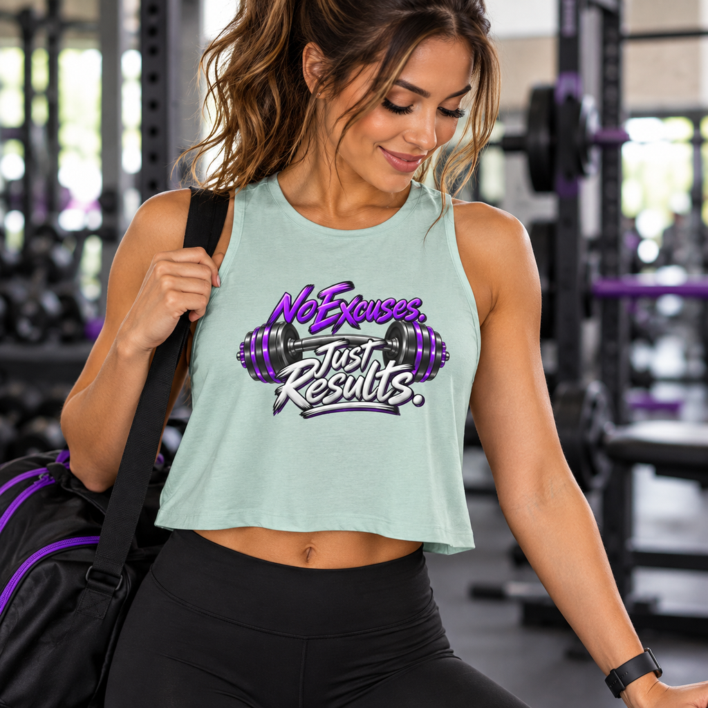 SatsandStripes.com Purple No Excuses. Just Results. Women’s Fitness Crop Top – Purple Barbell Workout Shirt 4 colors