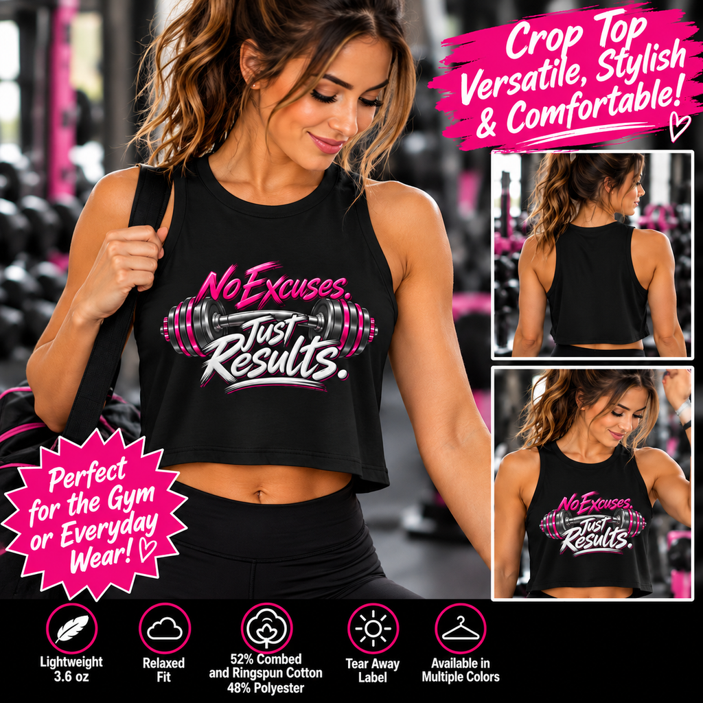SatsandStripes.com Pink No Excuses. Just Results. Women’s Fitness Crop Top – Pink Barbell Workout Shirt 4 colors