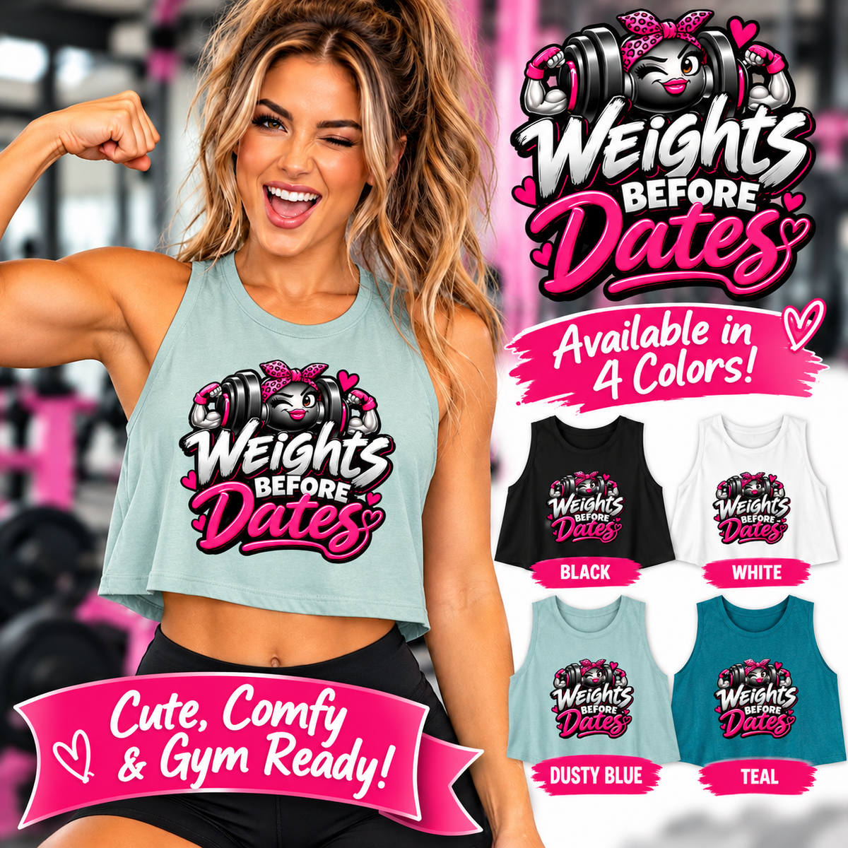 SatsandStripes.com Weights Before Dates Women’s Crop Top – Funny Gym Workout Tank 4 colors