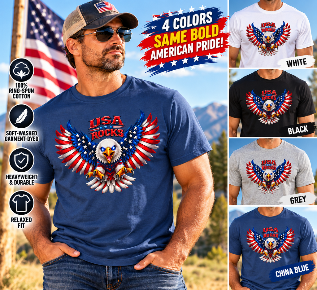 🇺🇸 USA ROCKS Garment-Dyed T-shirt– Born Free. Built Fierce. Patriotic Eagle Graphic Tee  colors - 100% cotton