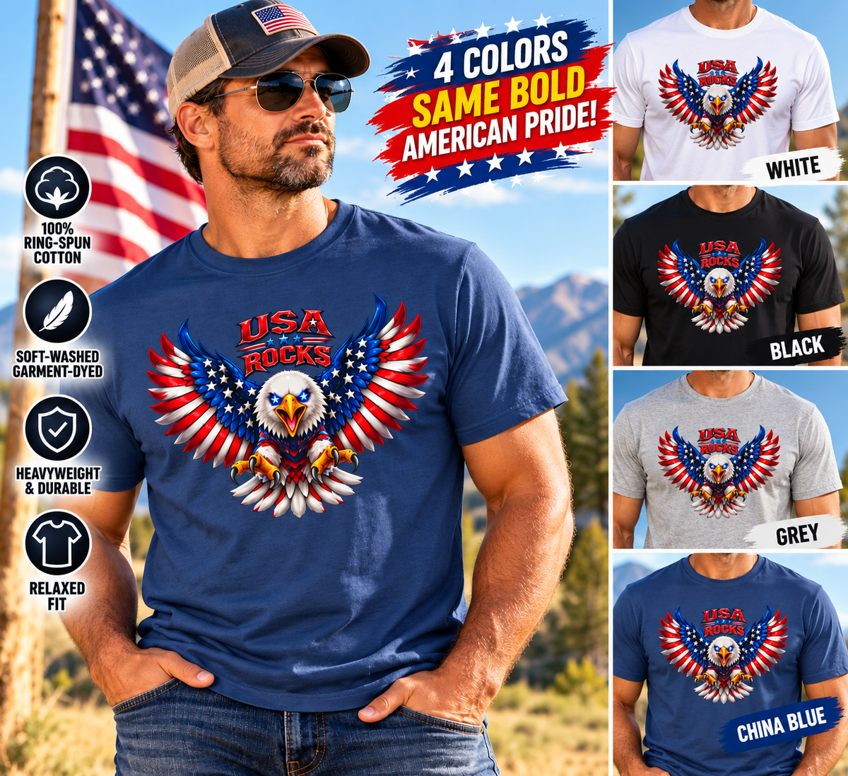 🇺🇸 USA ROCKS Garment-Dyed T-shirt– Born Free. Built Fierce. Patriotic Eagle Graphic Tee  colors - 100% cotton