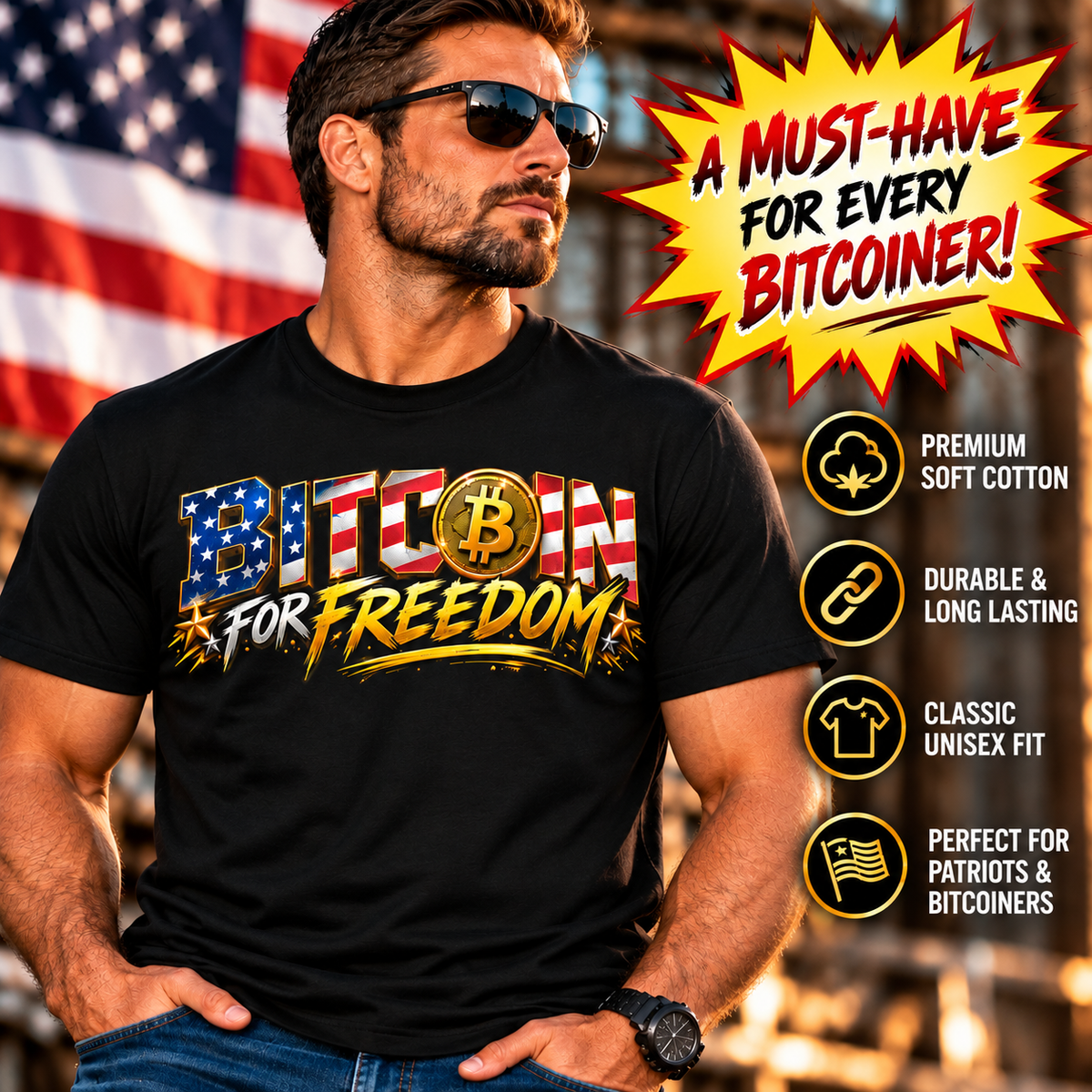 SatsandStripes.com BITCOIN FOR FREEDOM – Patriotic Bitcoin T-Shirt | American Flag Crypto Tee | Freedom & Financial Independence Unisex Shirt