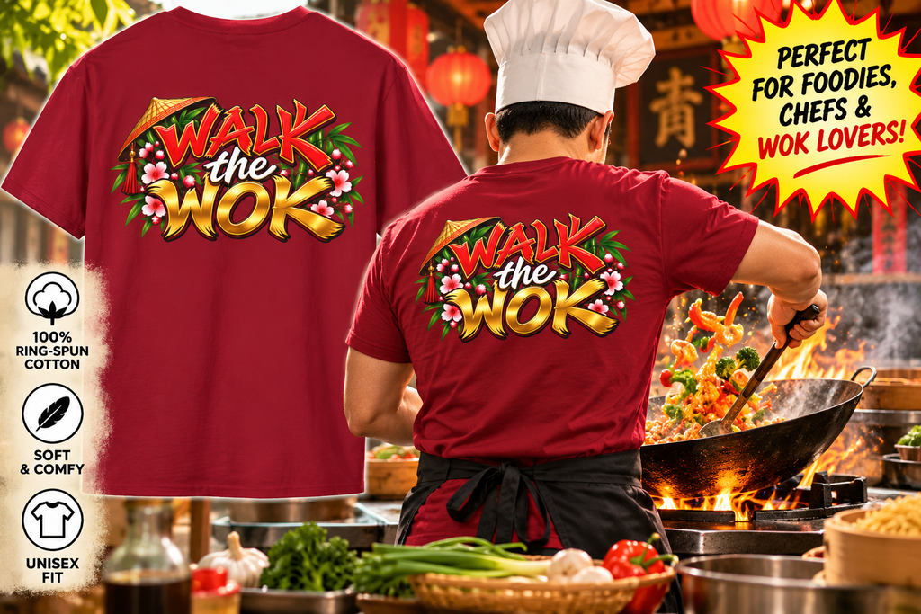 SatsandStripes.com Walk the Wok Softstyle® T-Shirt – Funny Asian Food Lover Tee Chinese Cooking Pun Shirt Unisex Chef Gift - 7 colors 100% cotton