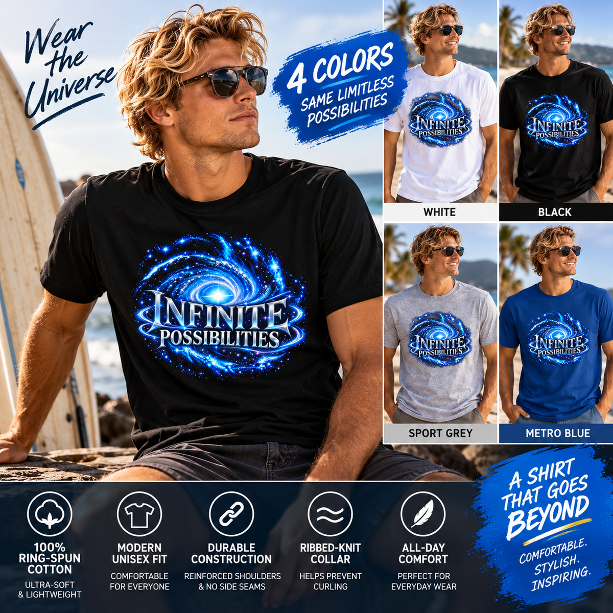 SatsandStripes.com Infinite Possibilities Galaxy Softstyle® T-Shirt – The Universe Has No Limits Neither Do You Tee Inspirational Space Lover Shirt Bold Celestial Streetwear 4 colors - 100% cotton