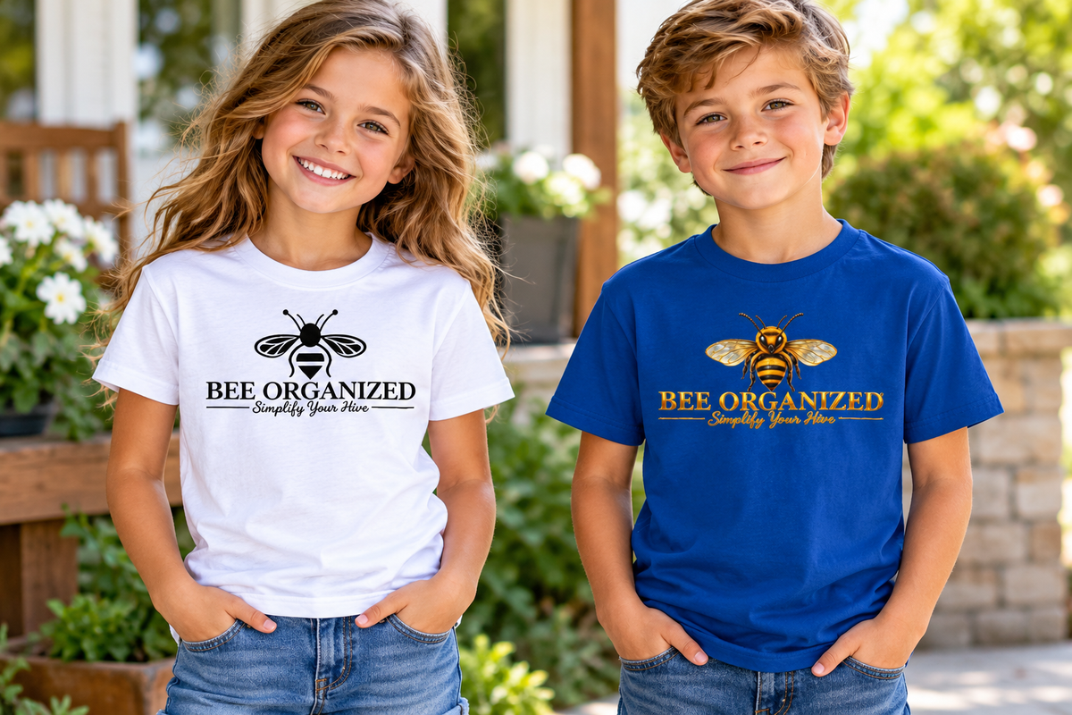 SatsandStripes.com Bee Organized® Youth T-Shirt – Simplify Your Hive Cute Bee Graphic Tee for Kids, Boys & Girls 