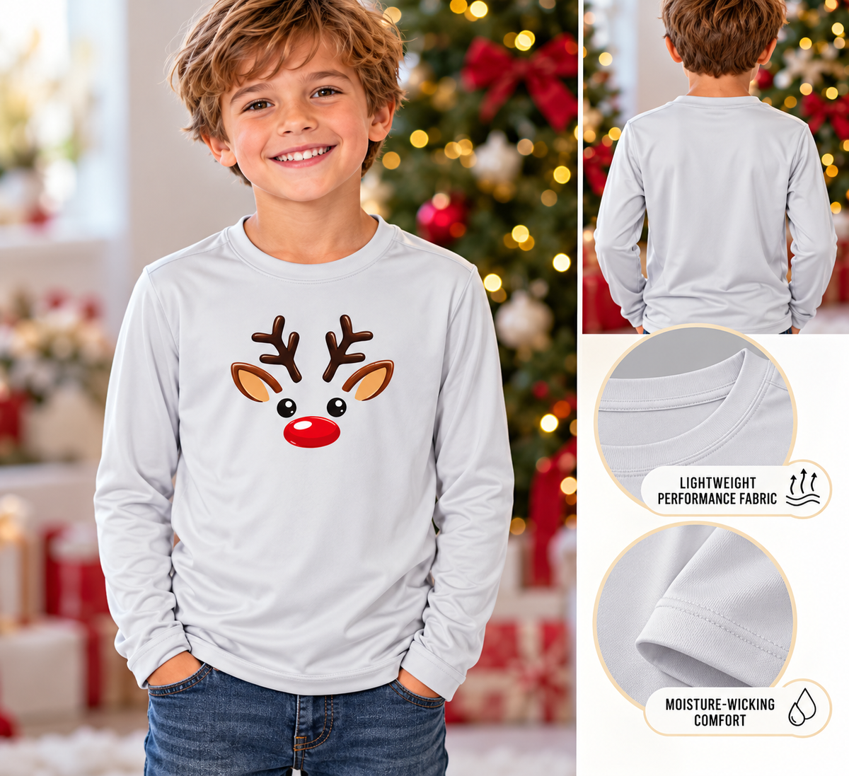 SatsandStripes.com Kids Rudolph Reindeer Christmas Long Sleeve Shirt Cute Red Nose Holiday Tee Youth Sport-Tek Lightweight Performance Shirt 4 colors 100% polyester