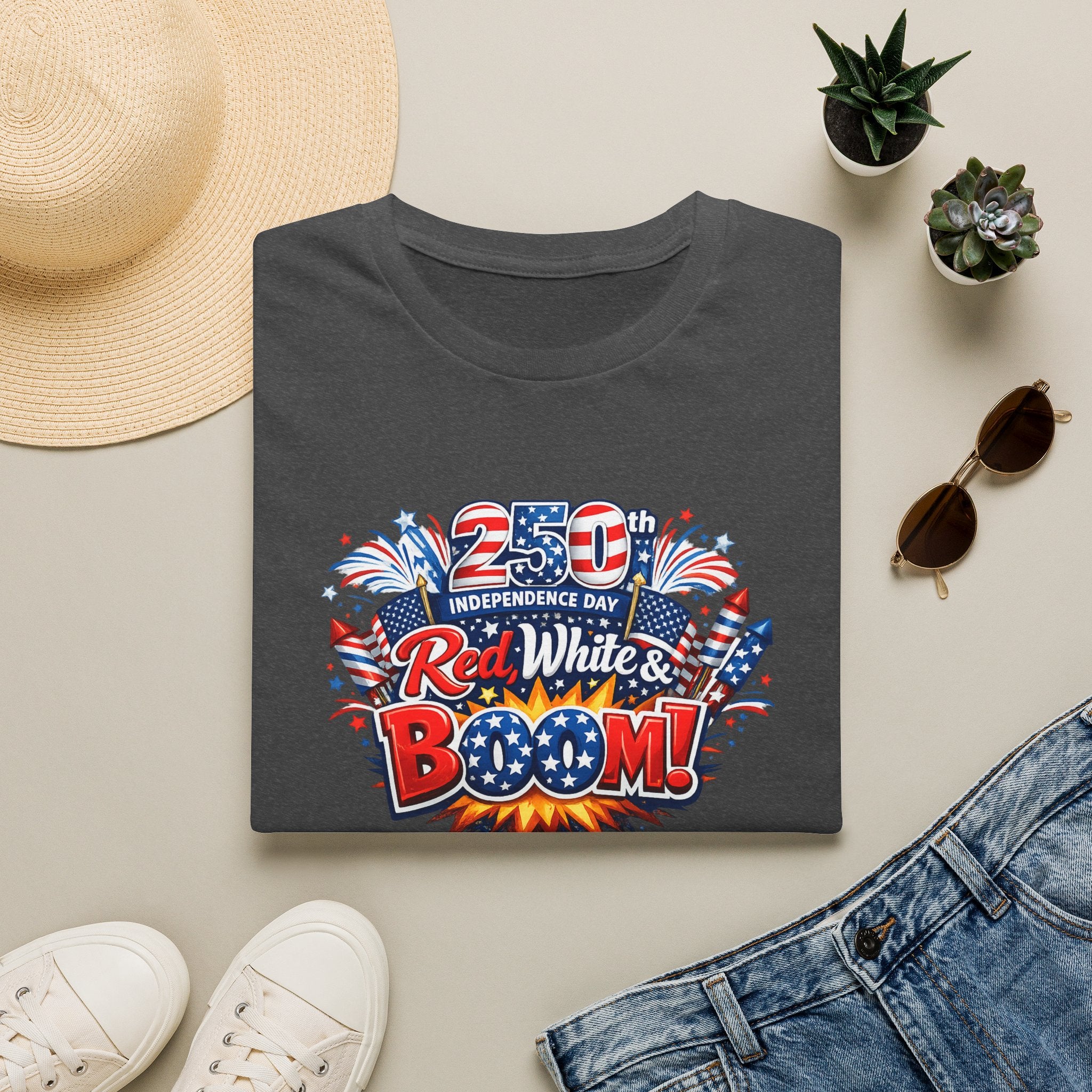 Sats and Stripes Red White & Boom 250th Anniversary Tee Patriotic 4th of July Fireworks Tee USA Dark Grey Folded