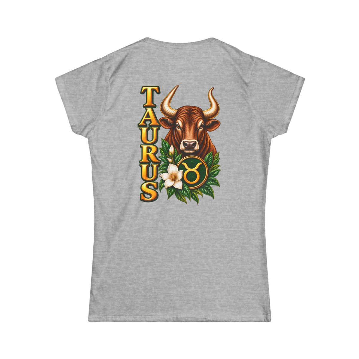 SatsandStripes.com Taurus Zodiac Women’s T-Shirt – Bold Bull Astrology Tee with Floral Zodiac Symbol Grey