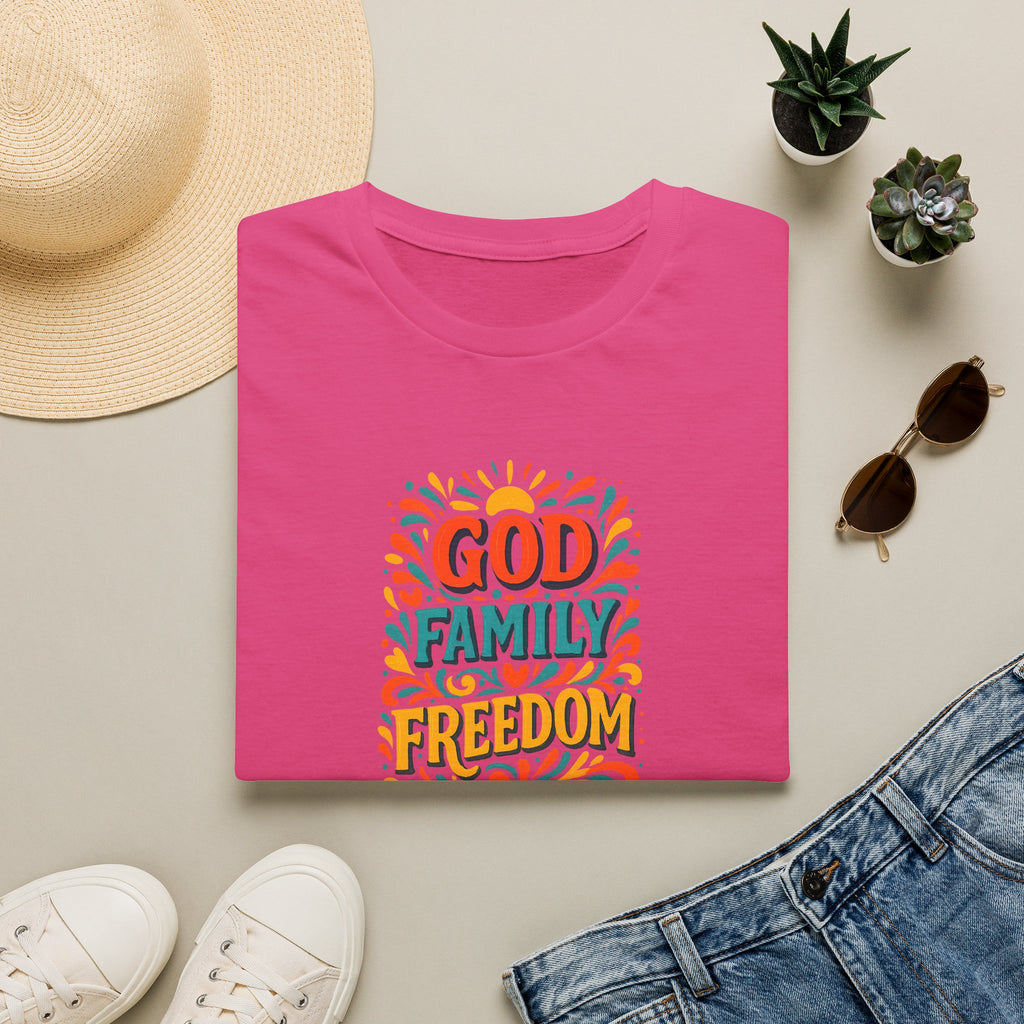 SatsandStripes.com God Family Freedom T-Shirt Colorful Religious Tee for Faith & Patriotism Dark Pink Folded