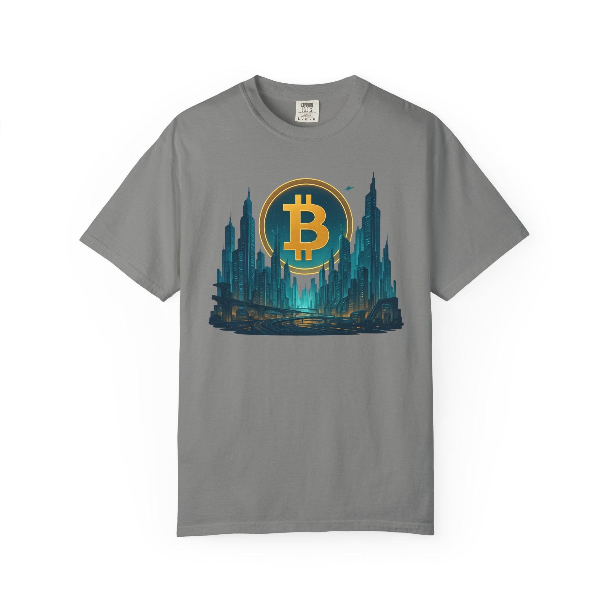 Sats and Stripes Futuristic Bitcoin City T-Shirt Neon Crypto Skyline Tee for Bitcoin Enthusiasts Silver