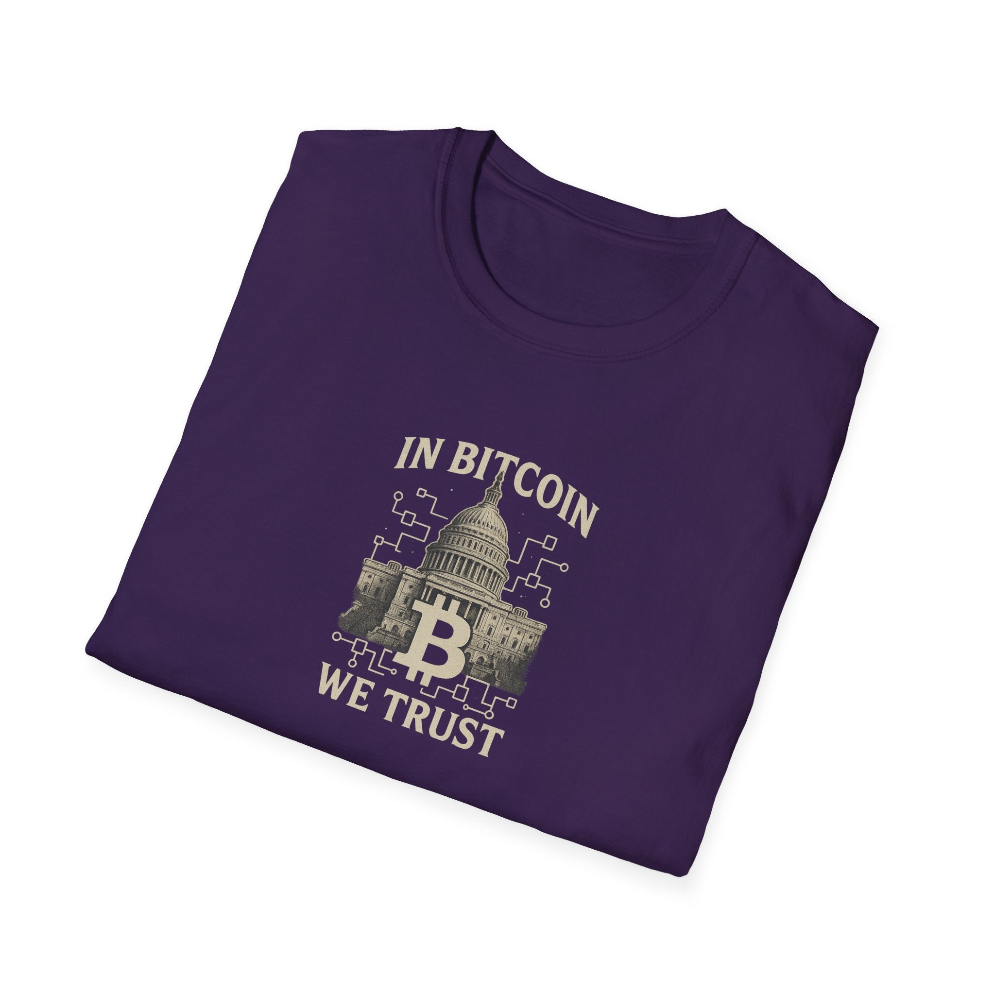 Sats and Stripes In Bitcoin We Trust Political Crypto T-Shirt Capitol Building & Blockchain Graphic Tee Purple Folded