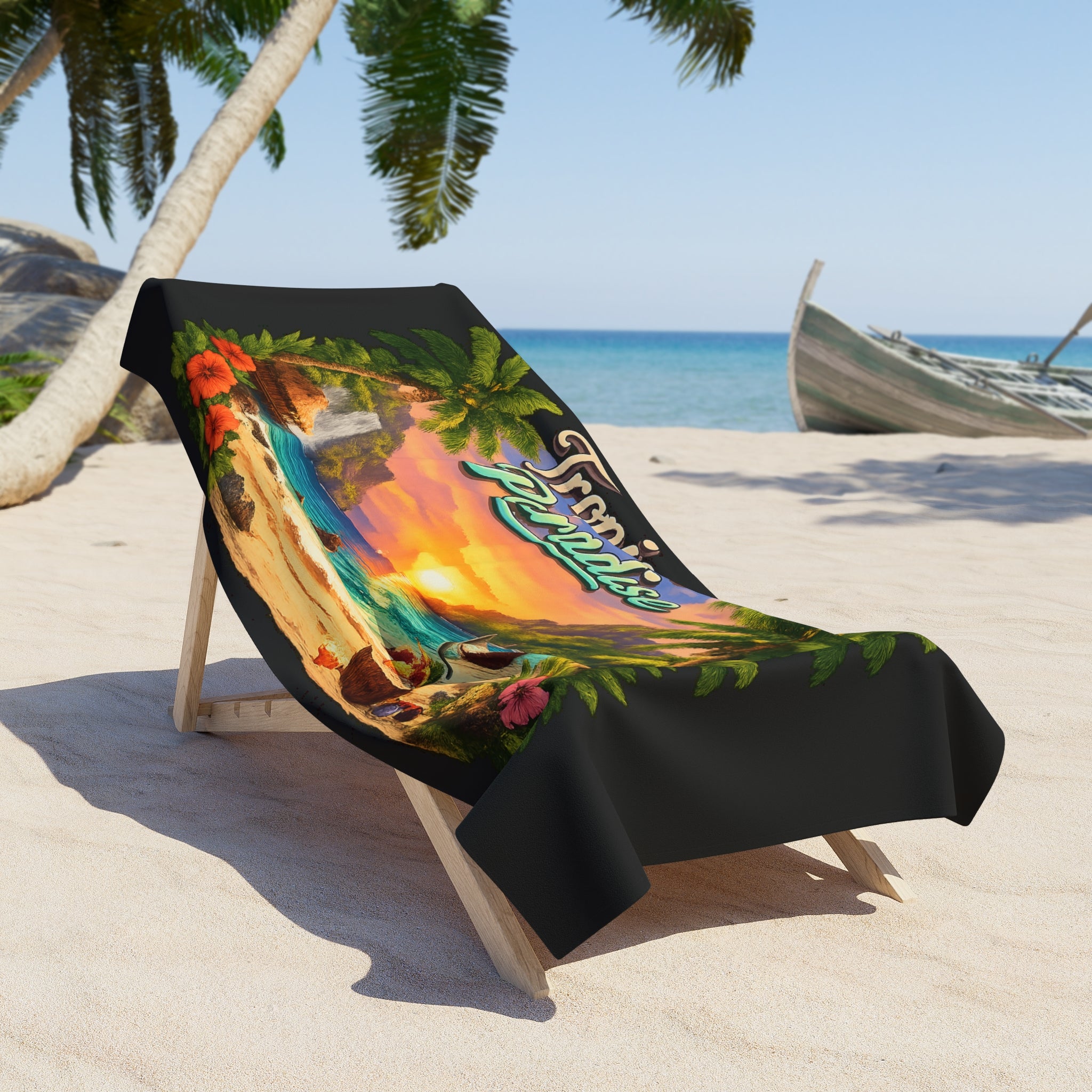Tropisches Paradies Strandtuch Palmen, Hibiskus, Meeresszene 2 Größen