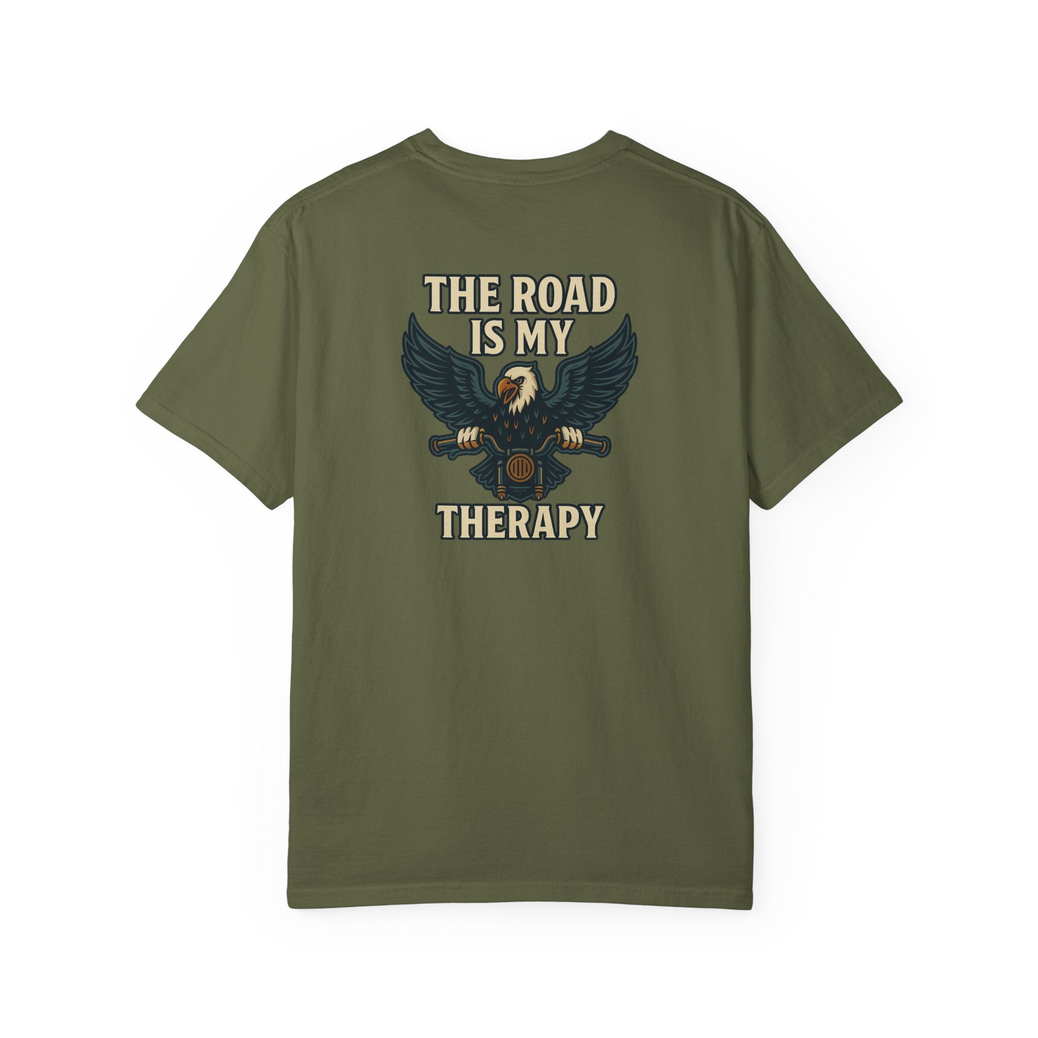 Sats and Stripes The Road is my Therapy T-shirt Harley Motorcycle Rider Tee Army Green