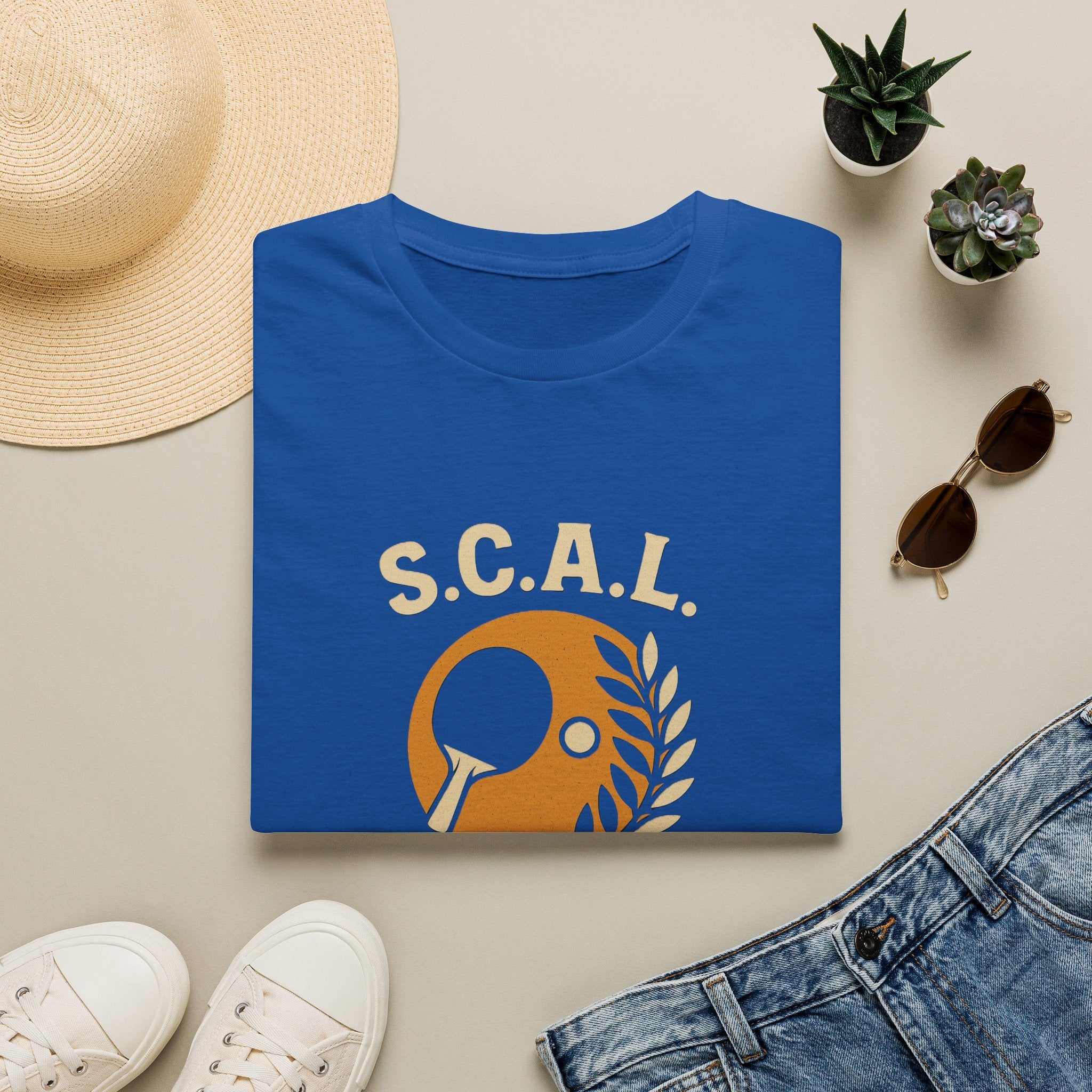 Sats and Stripes S.C.A.L. Table Tennis Club T-Shirt Custom made for Sun City Aliante Royal Blue Folded