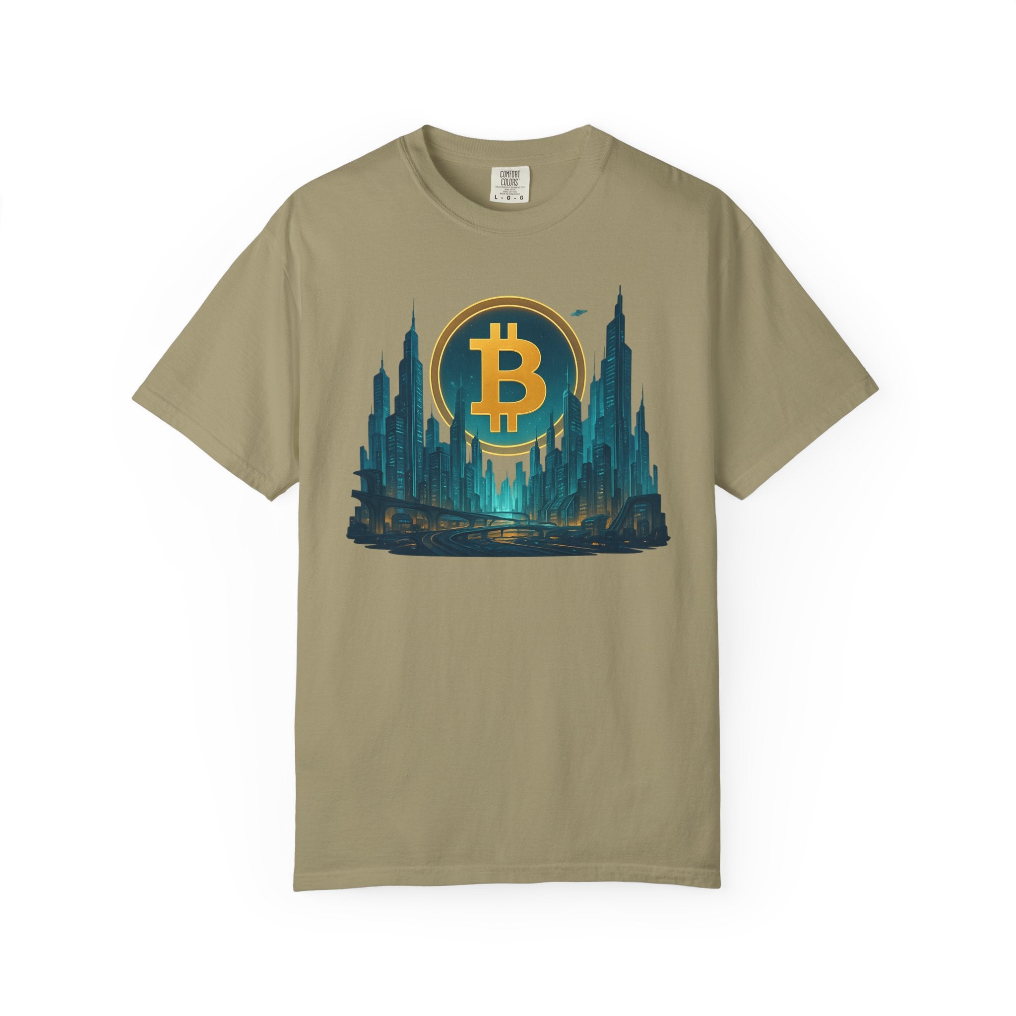 Sats and Stripes Futuristic Bitcoin City T-Shirt Neon Crypto Skyline Tee for Bitcoin Enthusiasts Green