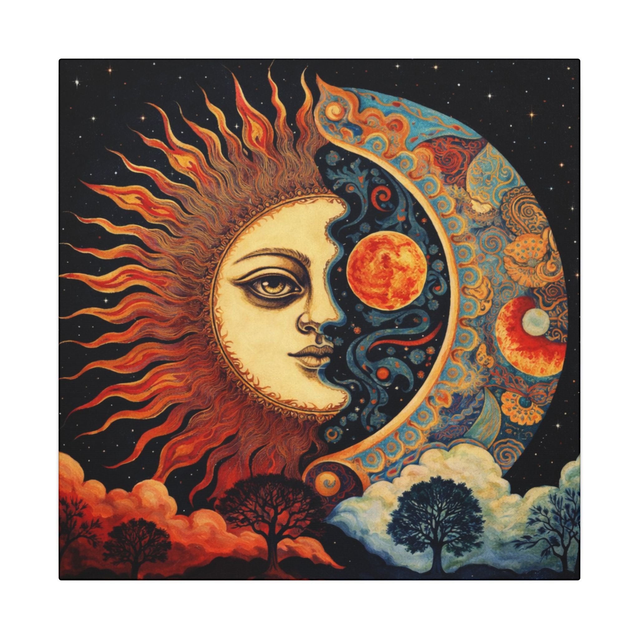 Mystical Sun Moon Canvas Celestial Wall Art Boho Sun Moon Decor Spiritual Sun Moon Painting Astrology Decor 16" x 16"