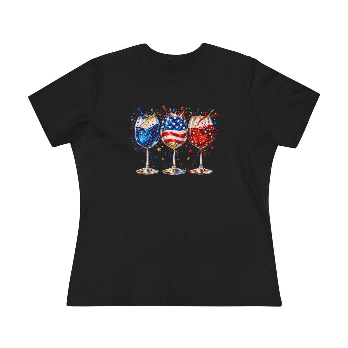 SatsandStripes.com Patriotic Wine Glass Women's T-Shirt – Red White & Blue USA Graphic Tee Black