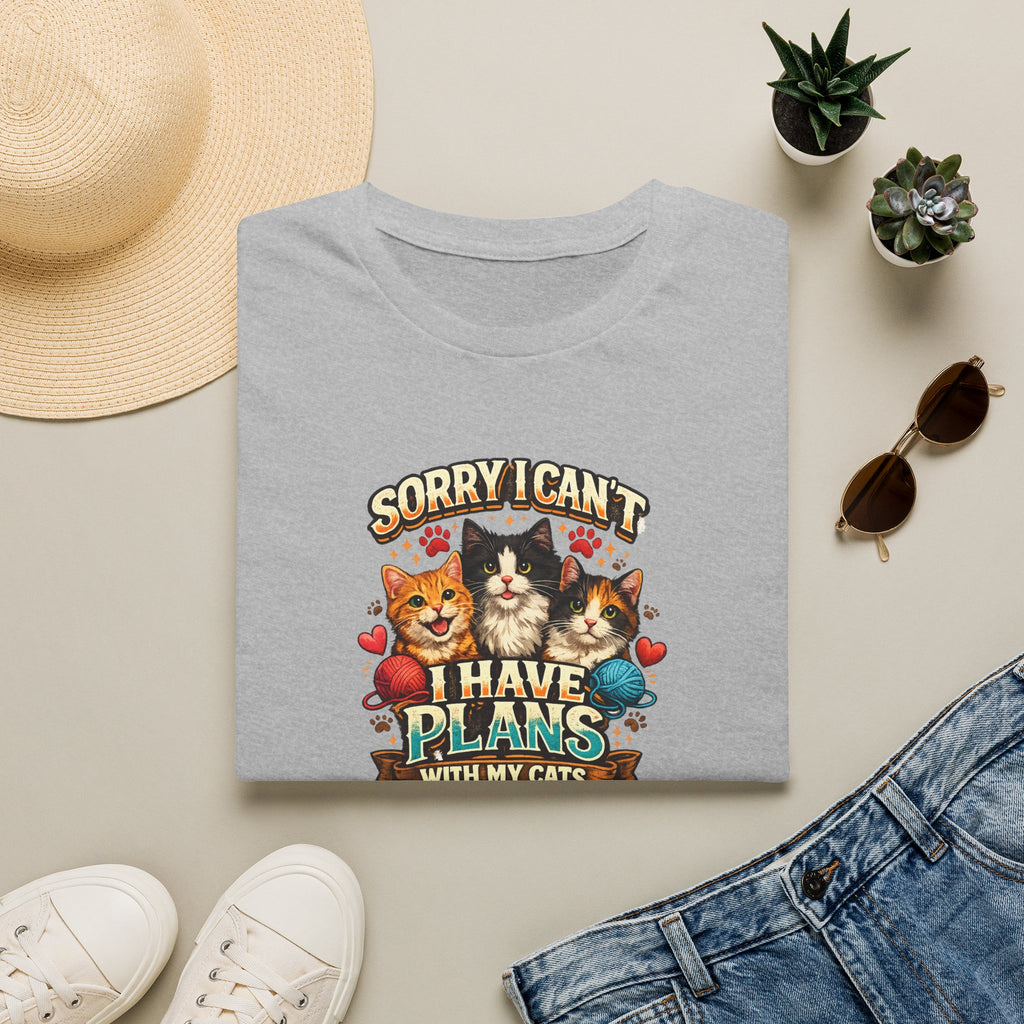 SatsandStripes.com Sorry I Can't I Have Plans With My Cats Expressive Cat Lover T-Shirt Funny Cat Mom Tee Cute Cat Shirt Grey