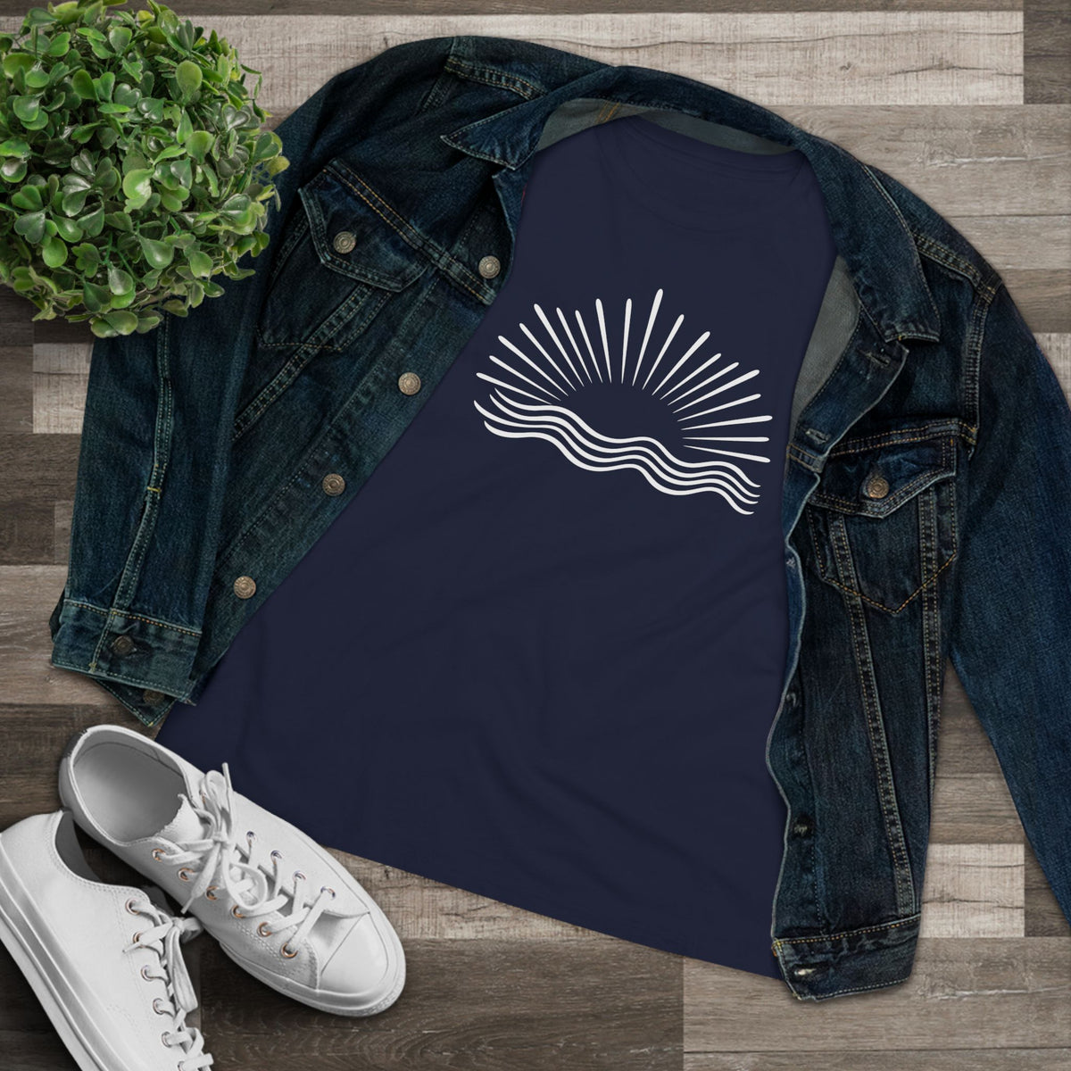 SatsandStripes.com Women’s Minimalist Sun & Waves T-Shirt – Relaxed Fit Cotton Beach Tee Navy with Jean Jacket