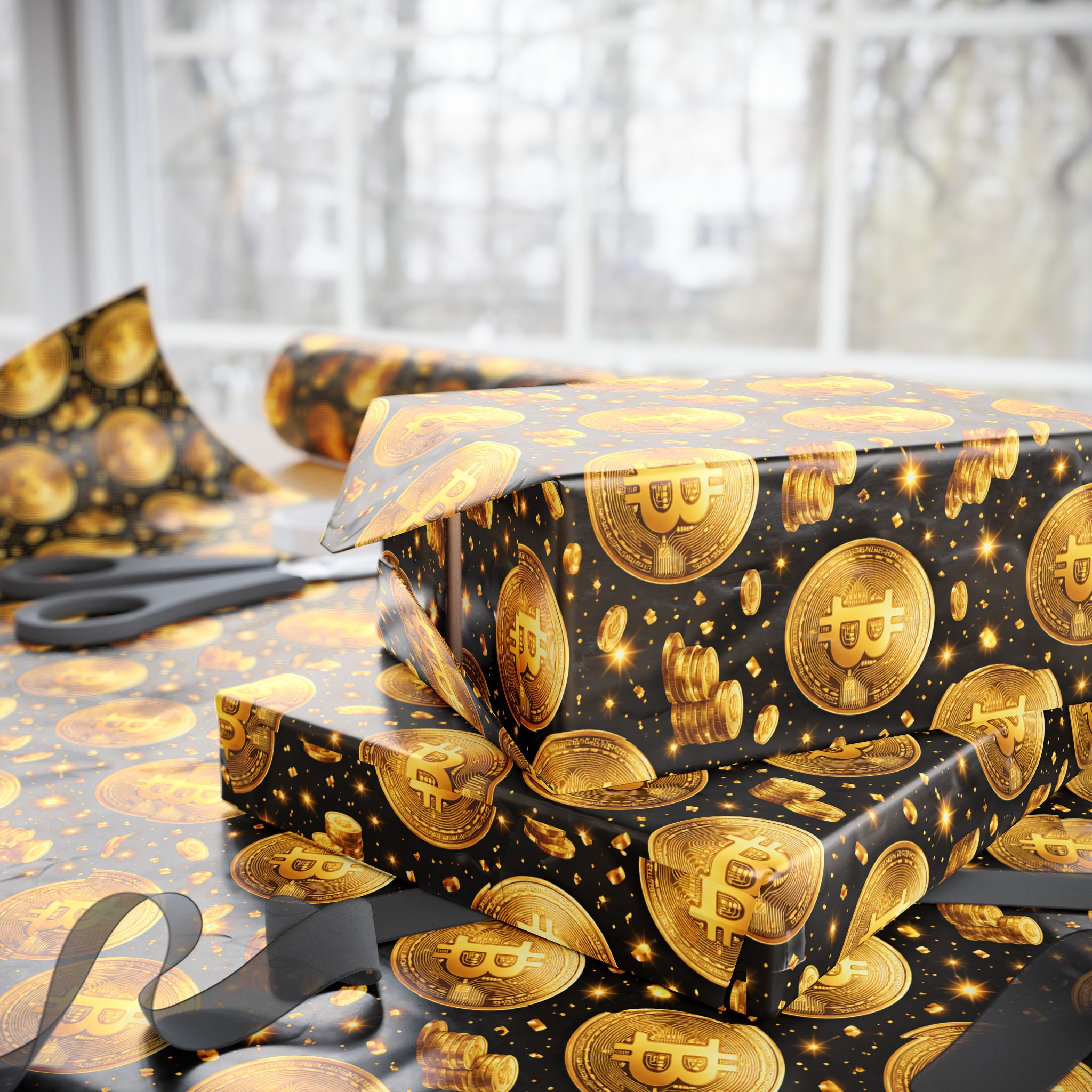 Gold Bitcoin Coins Wrapping Paper Crypto Gift Wrap Bitcoin Pattern 3 lengths available Glossy or Matte