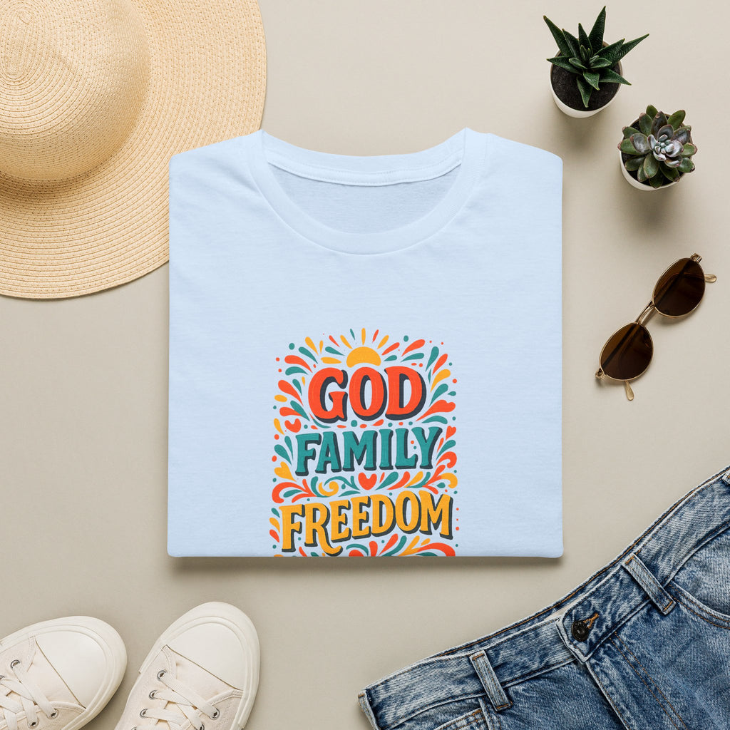 SatsandStripes.com God Family Freedom T-Shirt Colorful Religious Tee for Faith & Patriotism Sky Blue Folded
