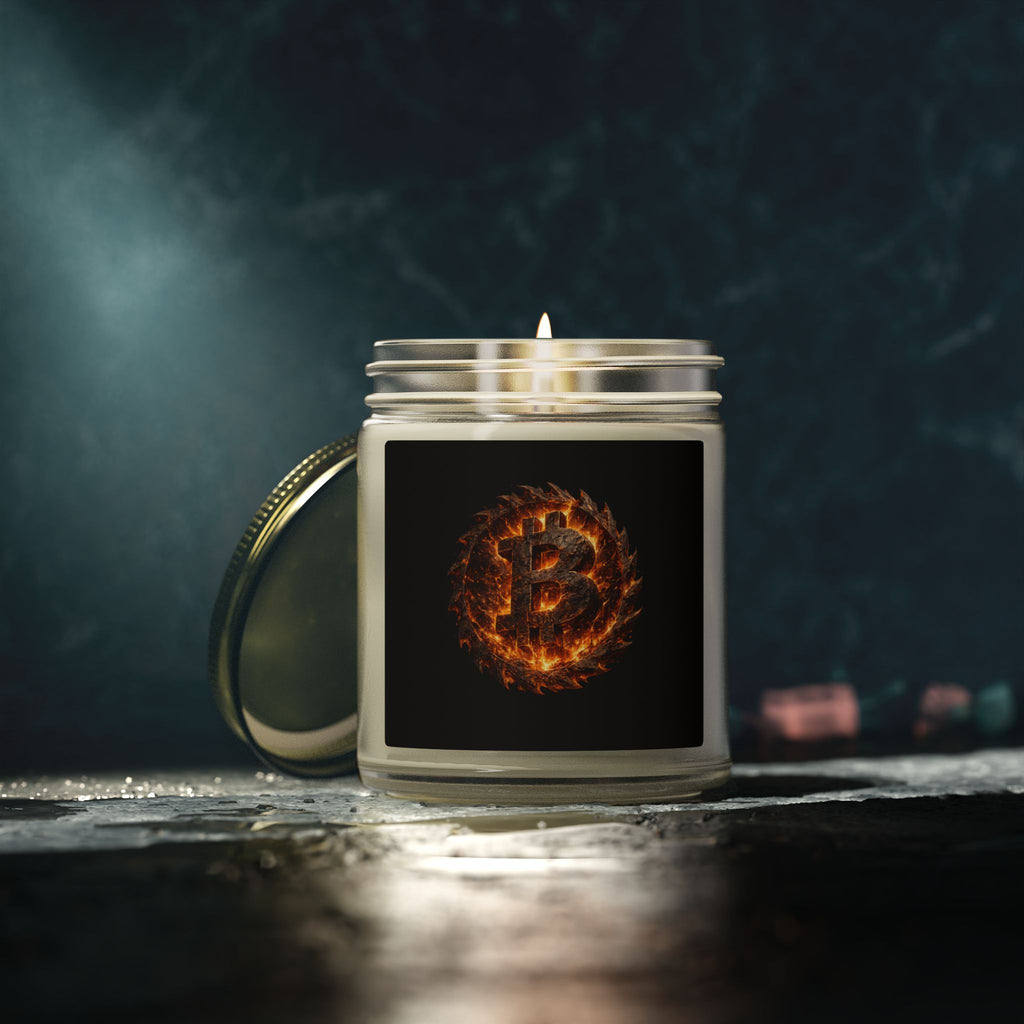 Fiery Bitcoin Logo Candle Coconut Apricot Wax Candle 4oz 9oz