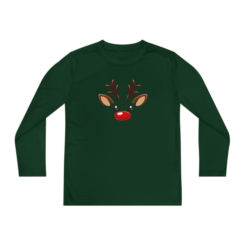 SatsandStripes.com Kids Rudolph Reindeer Christmas Long Sleeve Shirt Cute Red Nose Holiday Tee Youth Sport-Tek Lightweight Performance Shirt Forest Green