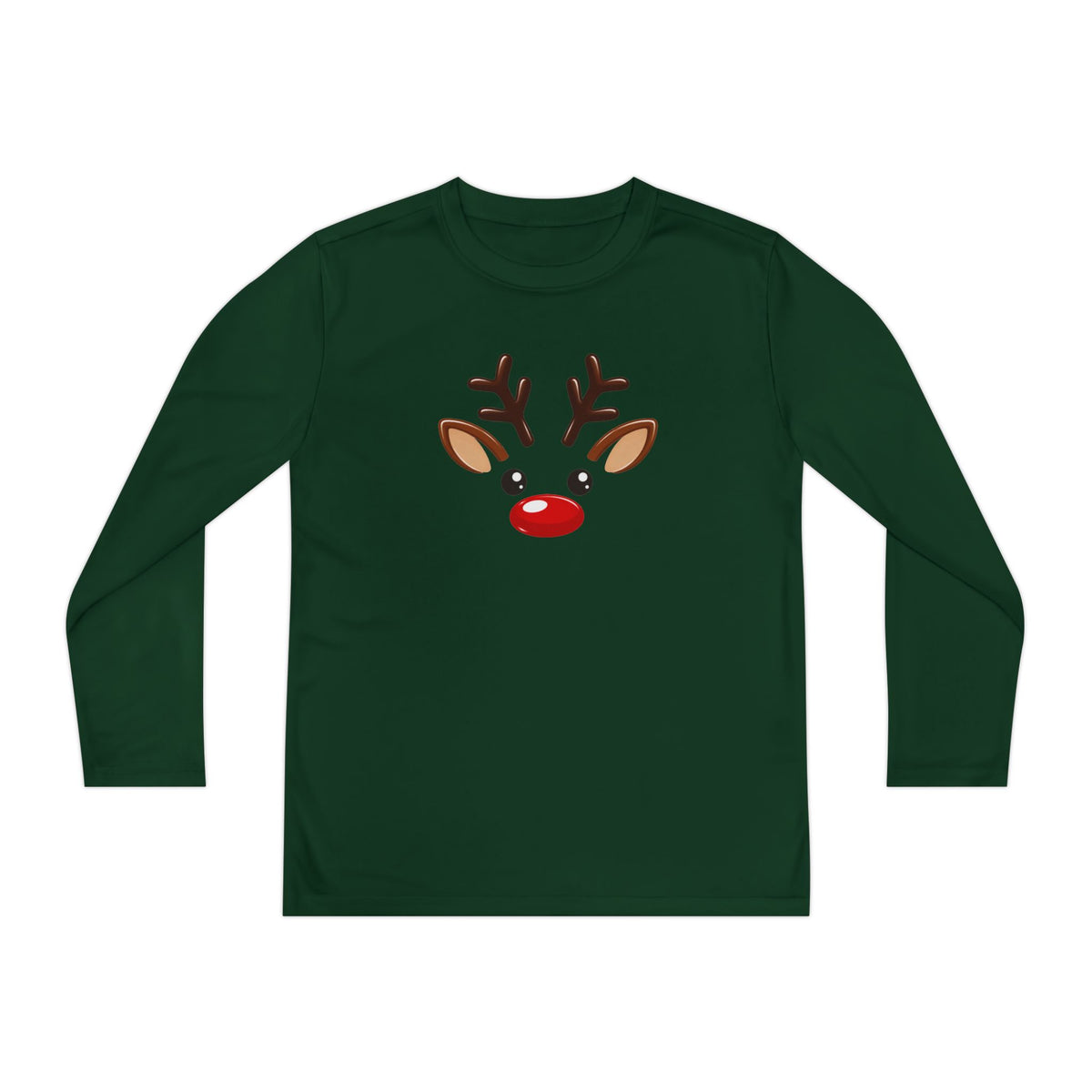 SatsandStripes.com Kids Rudolph Reindeer Christmas Long Sleeve Shirt Cute Red Nose Holiday Tee Youth Sport-Tek Lightweight Performance Shirt Forest Green