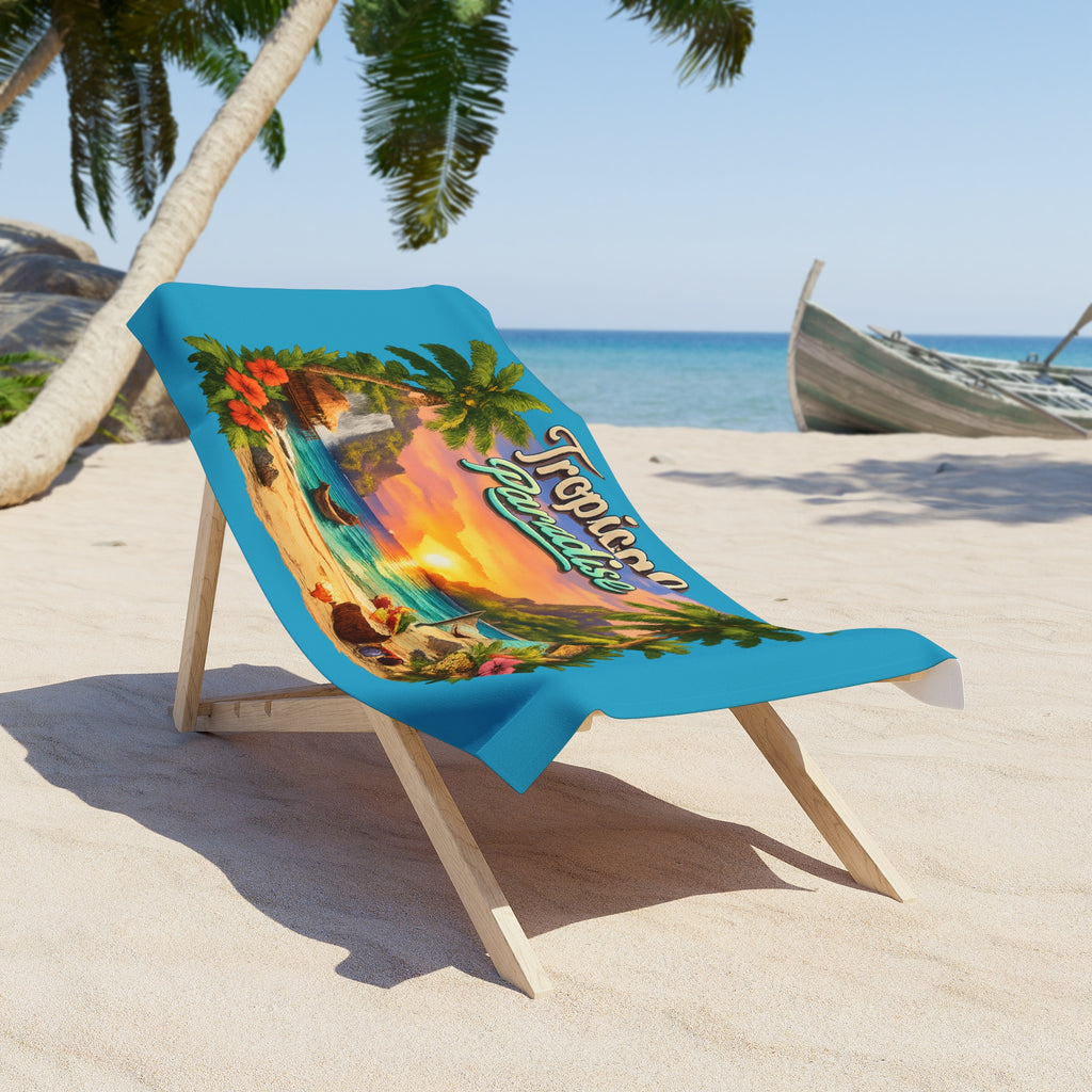 Tropical Paradise Sunset Beach Towel Palm Trees, Hibiscus, Ocean Scene - 2 sizes