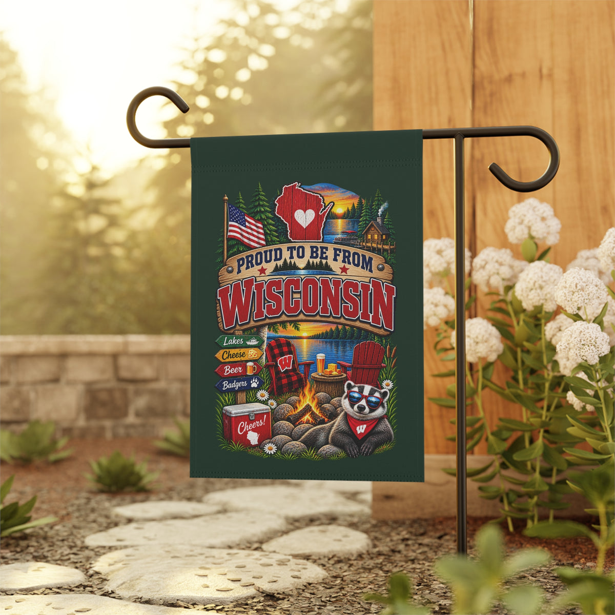 SatsandStripes.com Proud to Be From Wisconsin Garden Flag Rustic Lake Life, Cabin & Badger State Pride