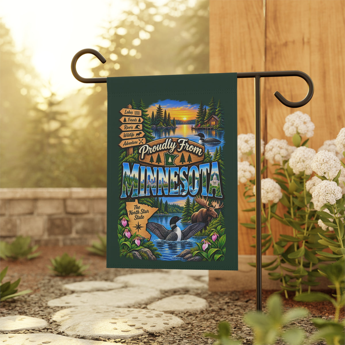 SatsandStripes.com Proudly From Minnesota Garden Flag 12 x 18 – North Star State Lakes, Loons & Moose Outdoor Decor