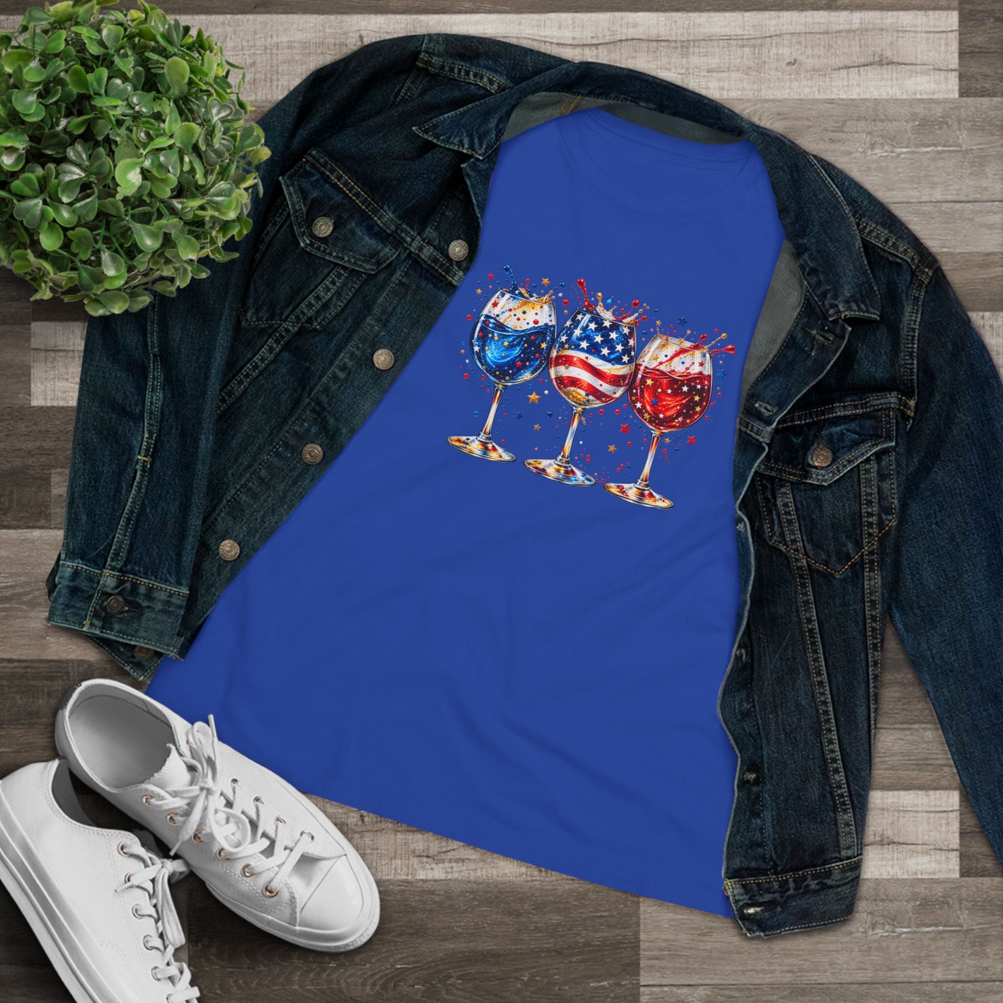 SatsandStripes.com Patriotic Wine Glass Women's T-Shirt – Red White & Blue USA Graphic Tee Royal Blue with Jean Jacket