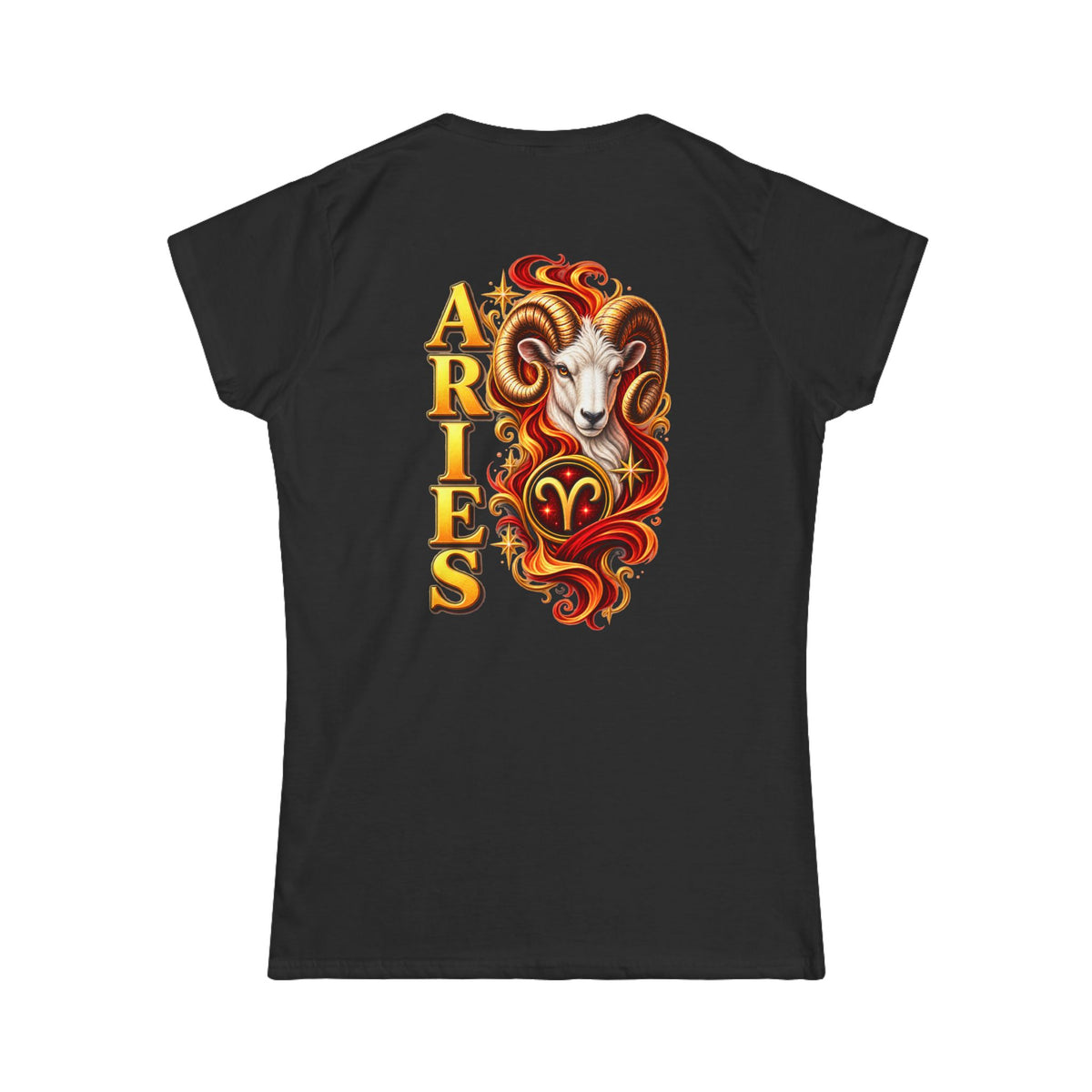 SatsandStripes.com Aries Zodiac Women’s SoftStyle T-Shirt – Bold Ram Back Print Astrology Tee Black