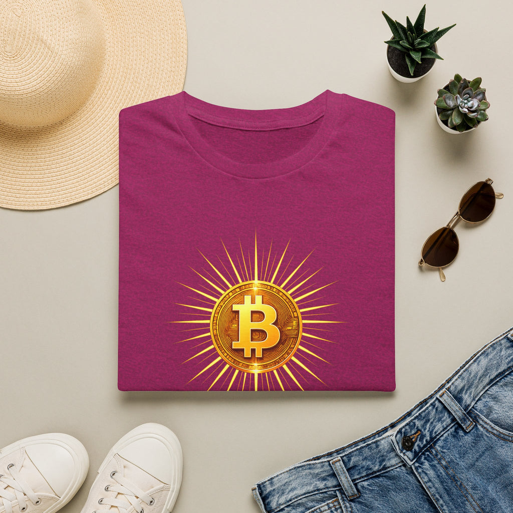 Sats and Stripes Bitcoin Sunburst Tee Where style meets conviction & the future burns bright Berry Folded
