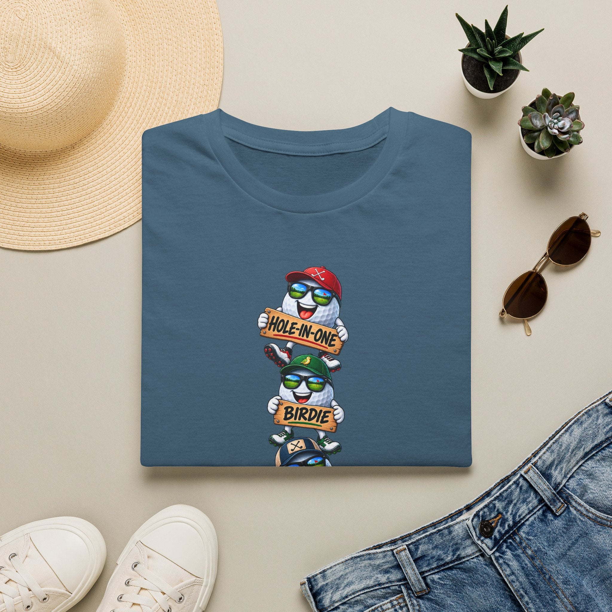 Satsandtripes.com Hole-In-One, Birdie & Par Golf Shirt – Three Balls, One Game, Zero Guarantees Indigo Blue Folded