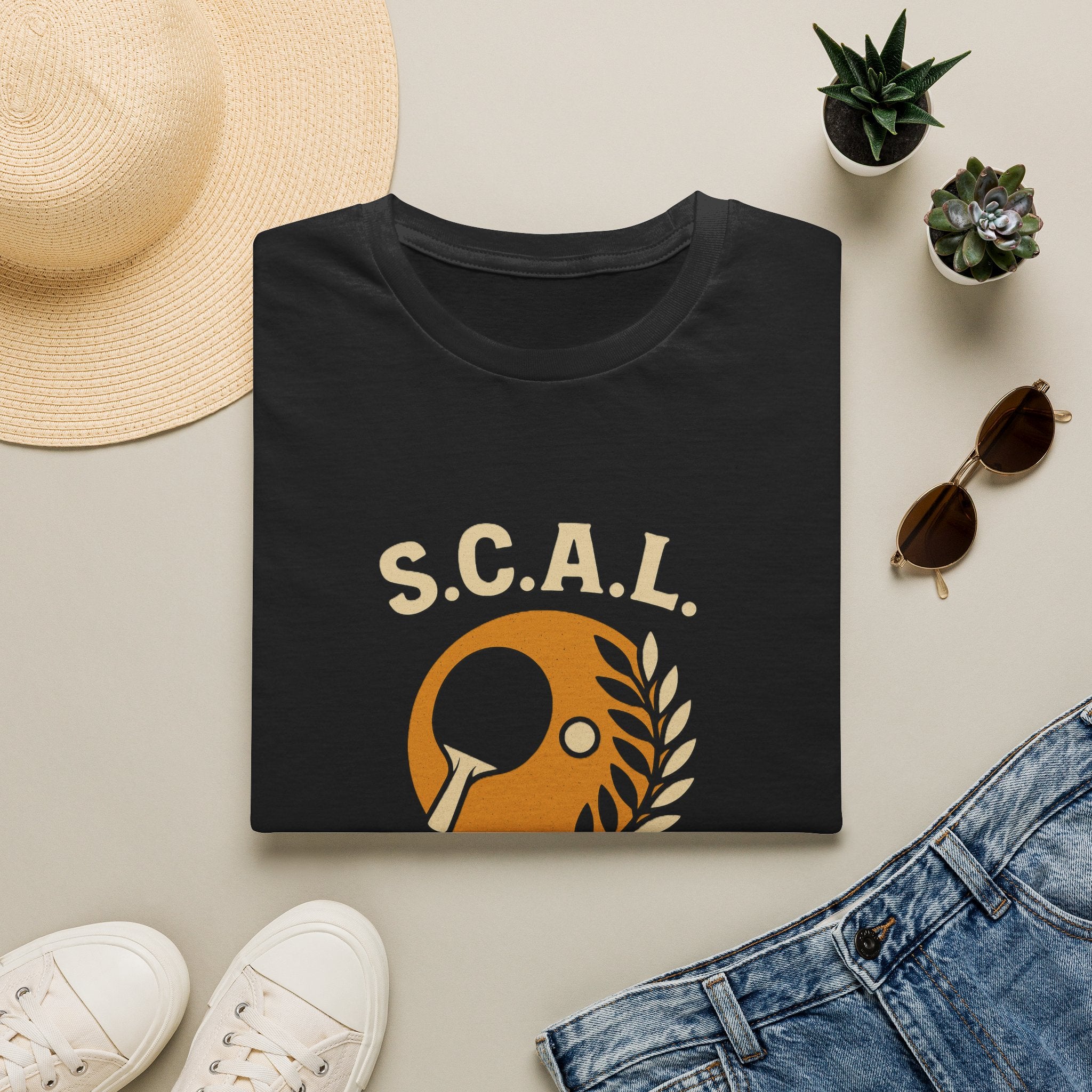 Sats and Stripes S.C.A.L. Table Tennis Club T-Shirt Custom made for Sun City Aliante Black Folded