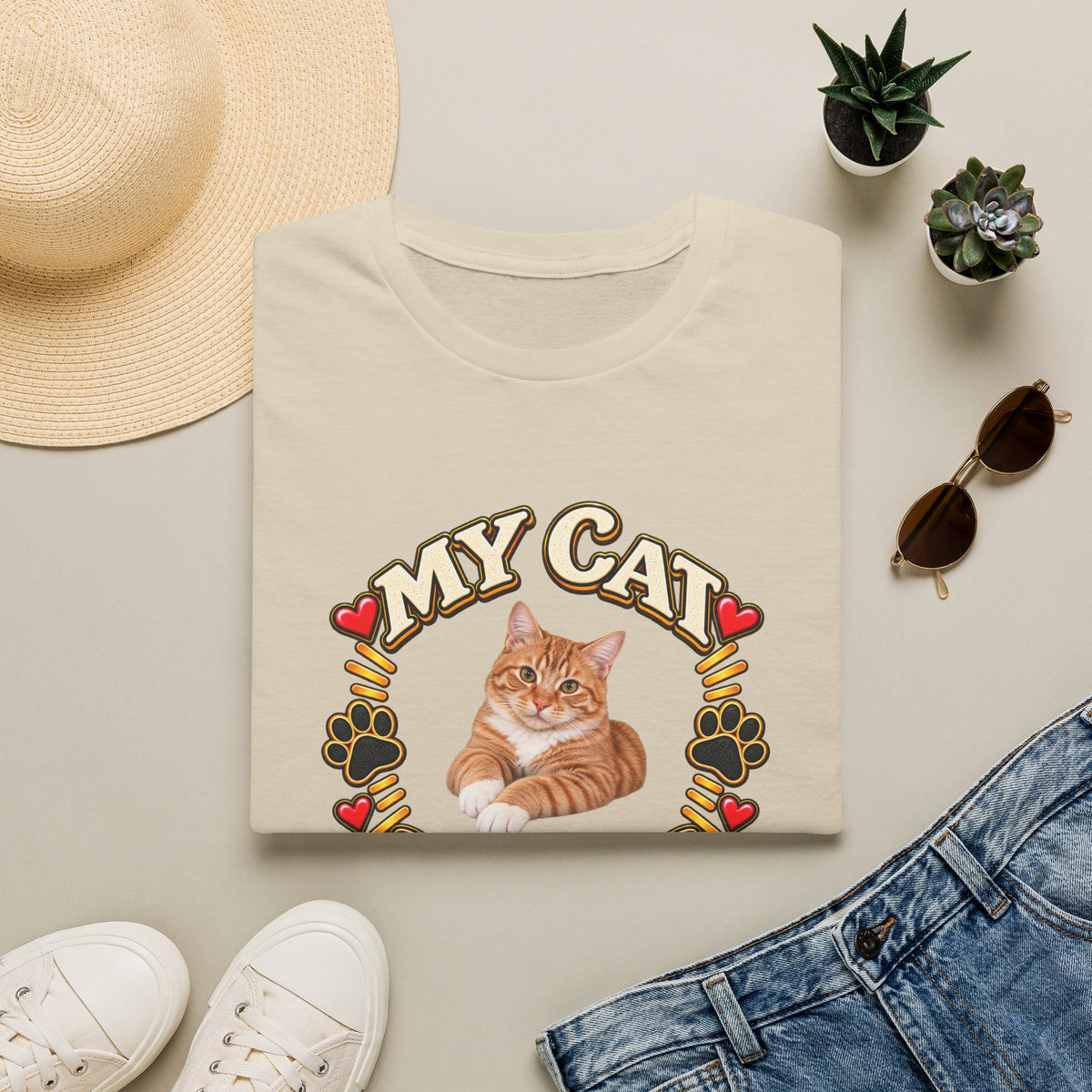 SatsandStripes.com My Cat Personalized Softstyle® T-Shirt – Custom Pet Photo Cat Lover Shirt Sand Folded