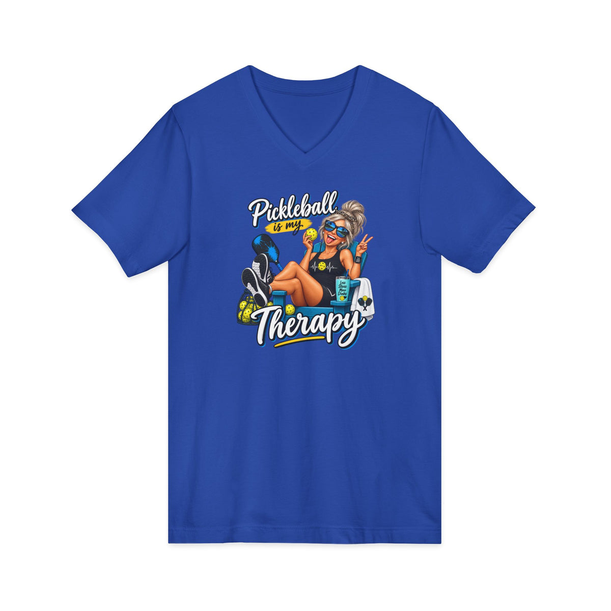 SatsandStripes.com Pickleball Is My Therapy Women’s V-Neck T-Shirt – Funny Pickleball Graphic Tee Royal Blue